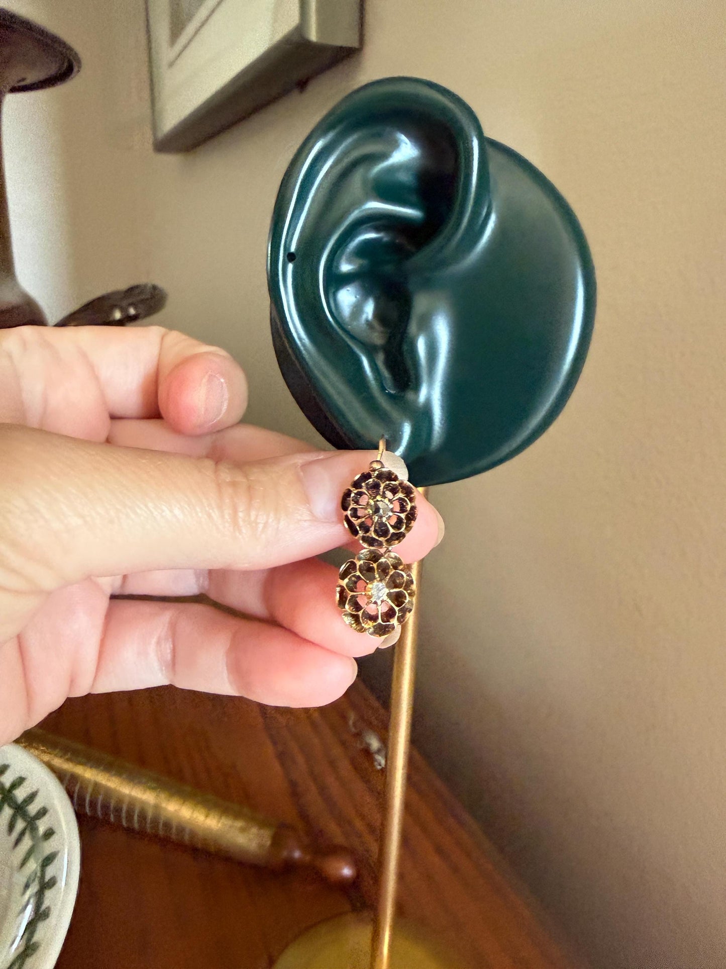Antique Buttercup Rose Cut Diamond Day to Night Dormeuse Studs to Dangle Victorian Earrings 18k Gold Solid Scalloped Domed