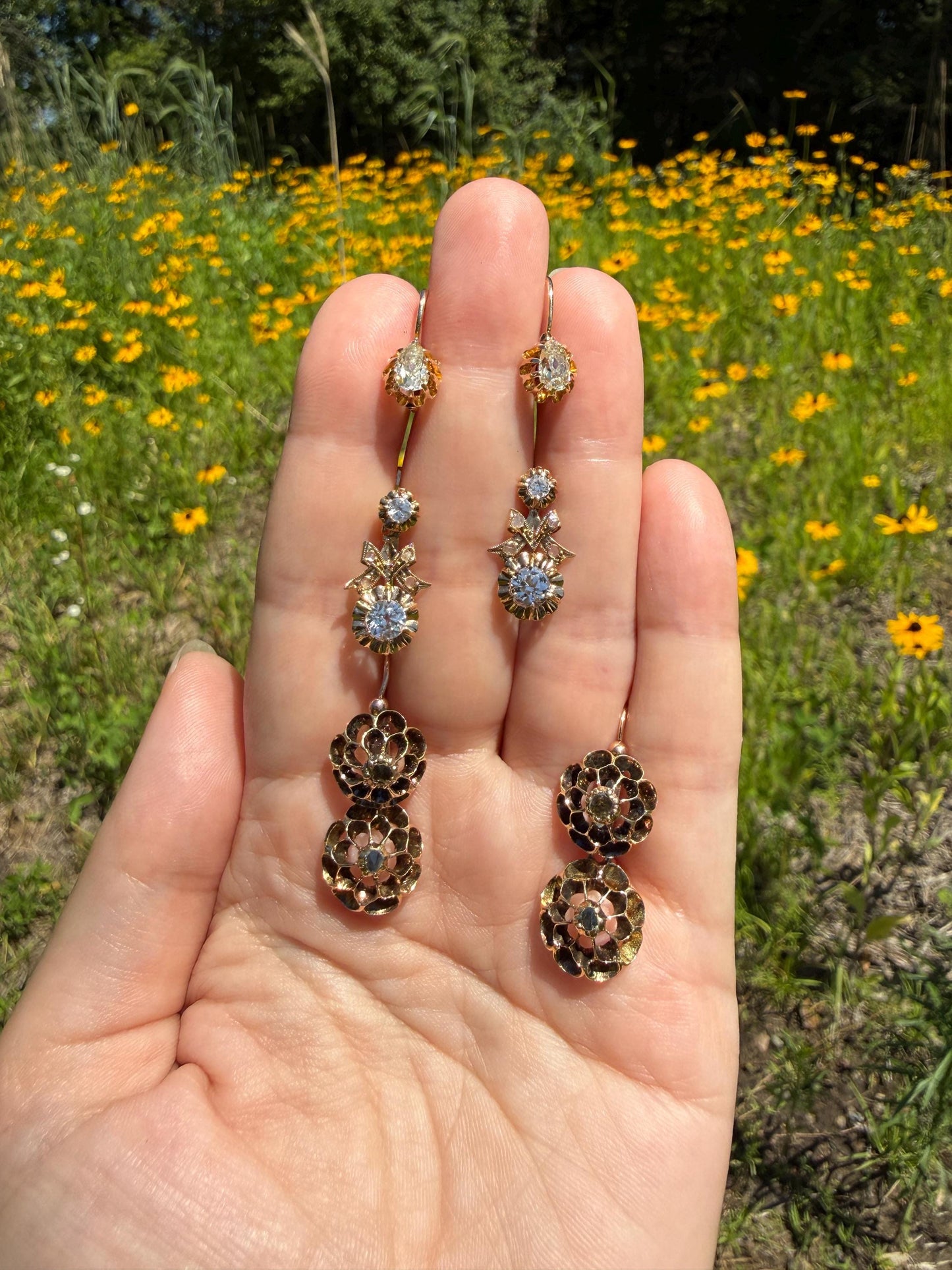 Antique Buttercup Rose Cut Diamond Day to Night Dormeuse Studs to Dangle Victorian Earrings 18k Gold Solid Scalloped Domed
