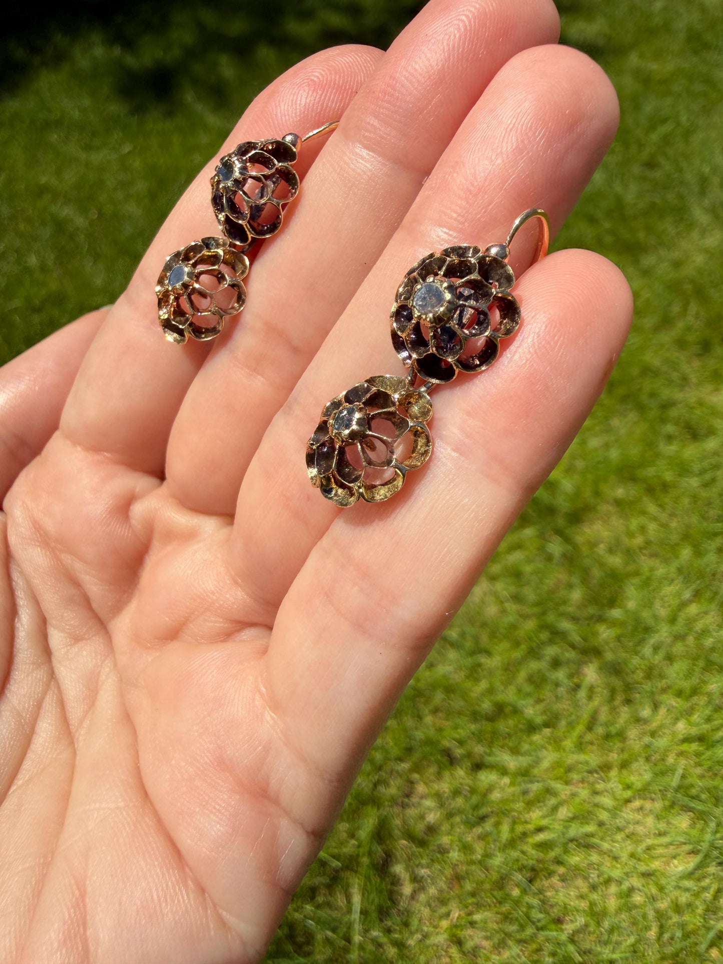 Antique Buttercup Rose Cut Diamond Day to Night Dormeuse Studs to Dangle Victorian Earrings 18k Gold Solid Scalloped Domed