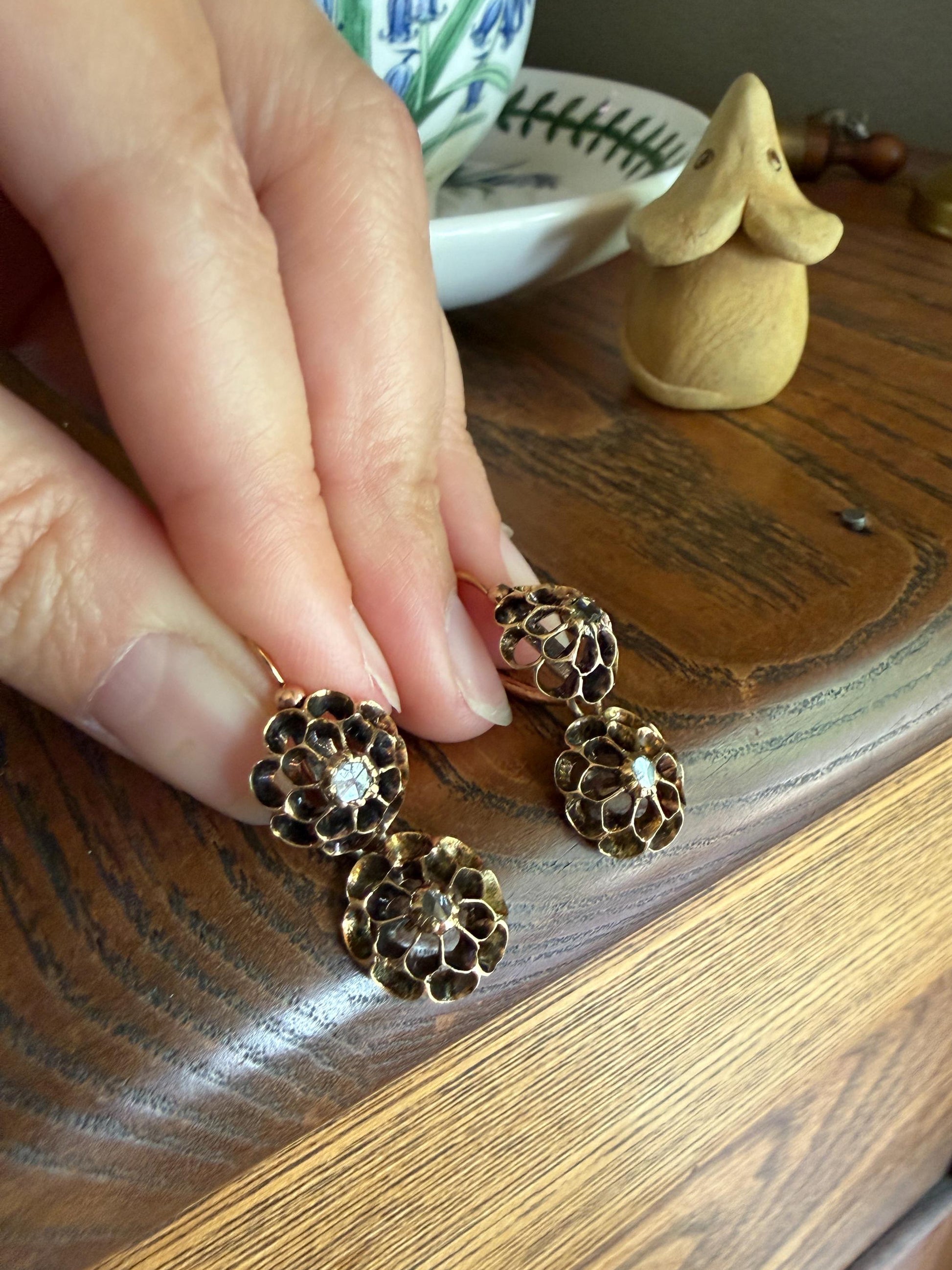Antique Buttercup Rose Cut Diamond Day to Night Dormeuse Studs to Dangle Victorian Earrings 18k Gold Solid Scalloped Domed
