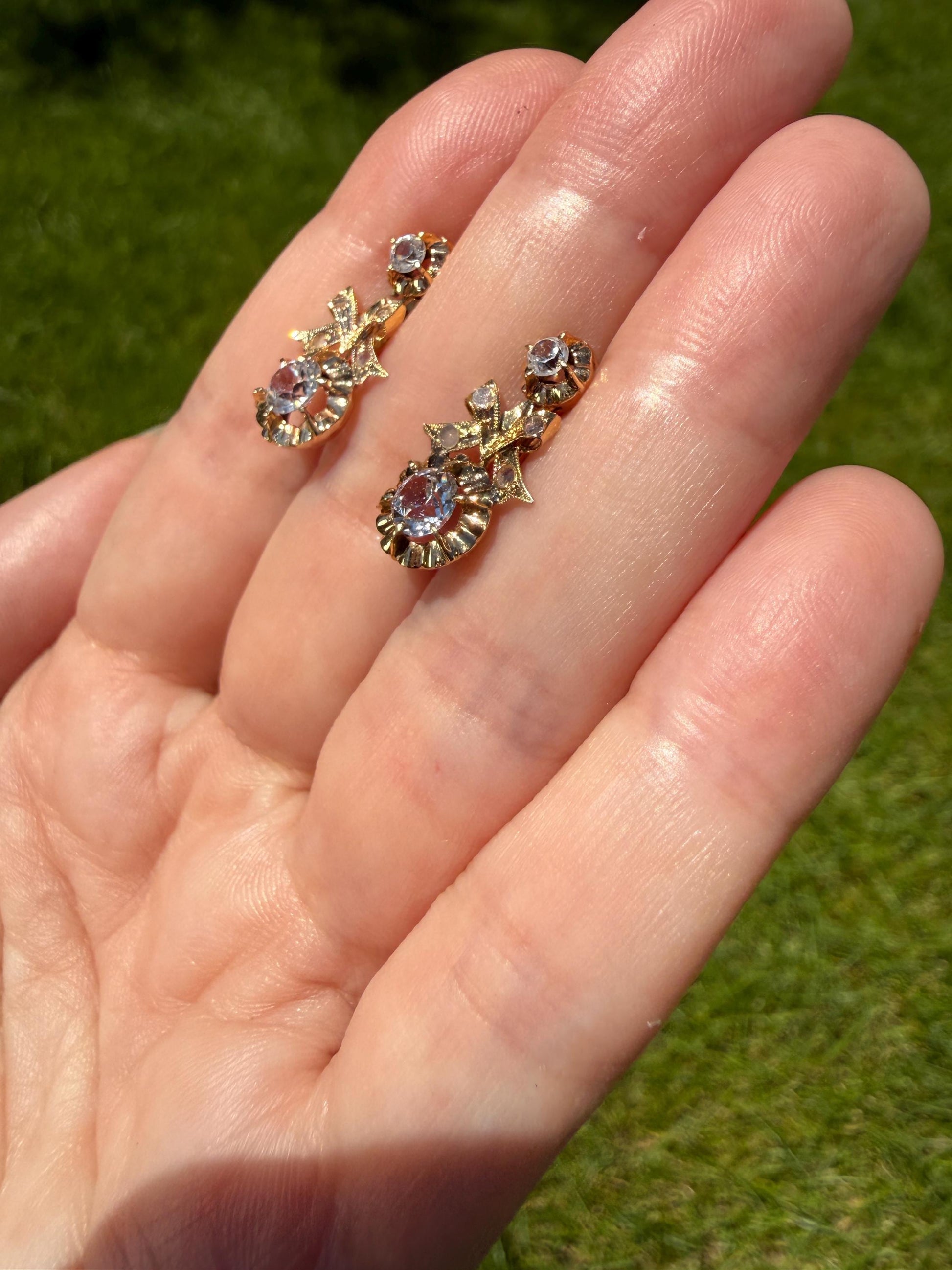 BOWS Antique Clear One Carat Old Transitional Cut White TOPAZ Dangle Earrings 18k Gold Solid Figural Ornate Bright and Sparkly