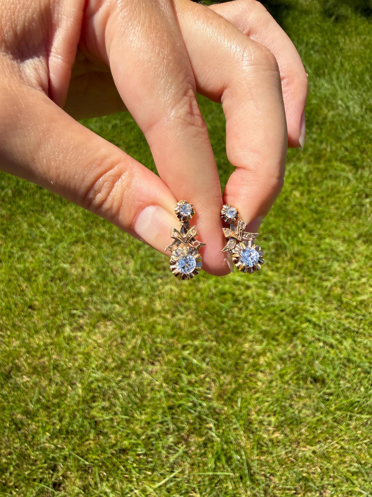 BOWS Antique Clear One Carat Old Transitional Cut White TOPAZ Dangle Earrings 18k Gold Solid Figural Ornate Bright and Sparkly