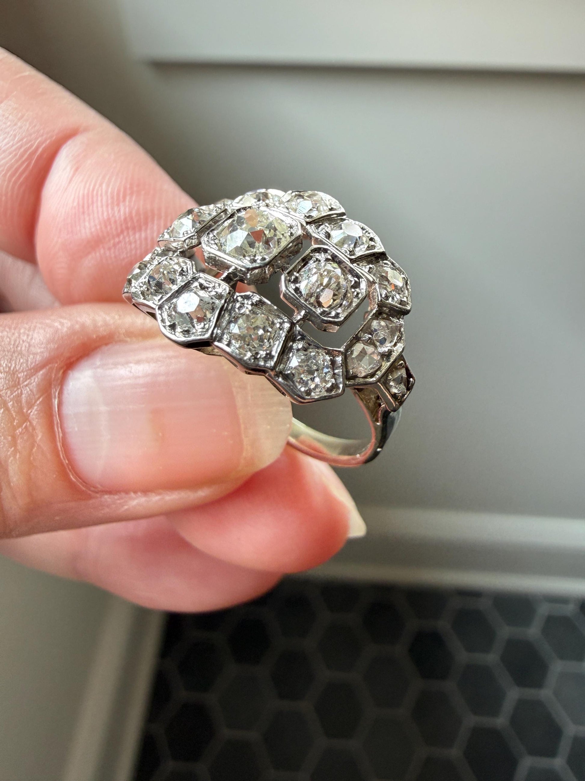 Ornate Art Deco 1.5 Carat Rose & Old Mine Cut Diamond Cluster Ring 18k White Gold Platinum East West Wide Three Stone Halo Cocktail Stacker