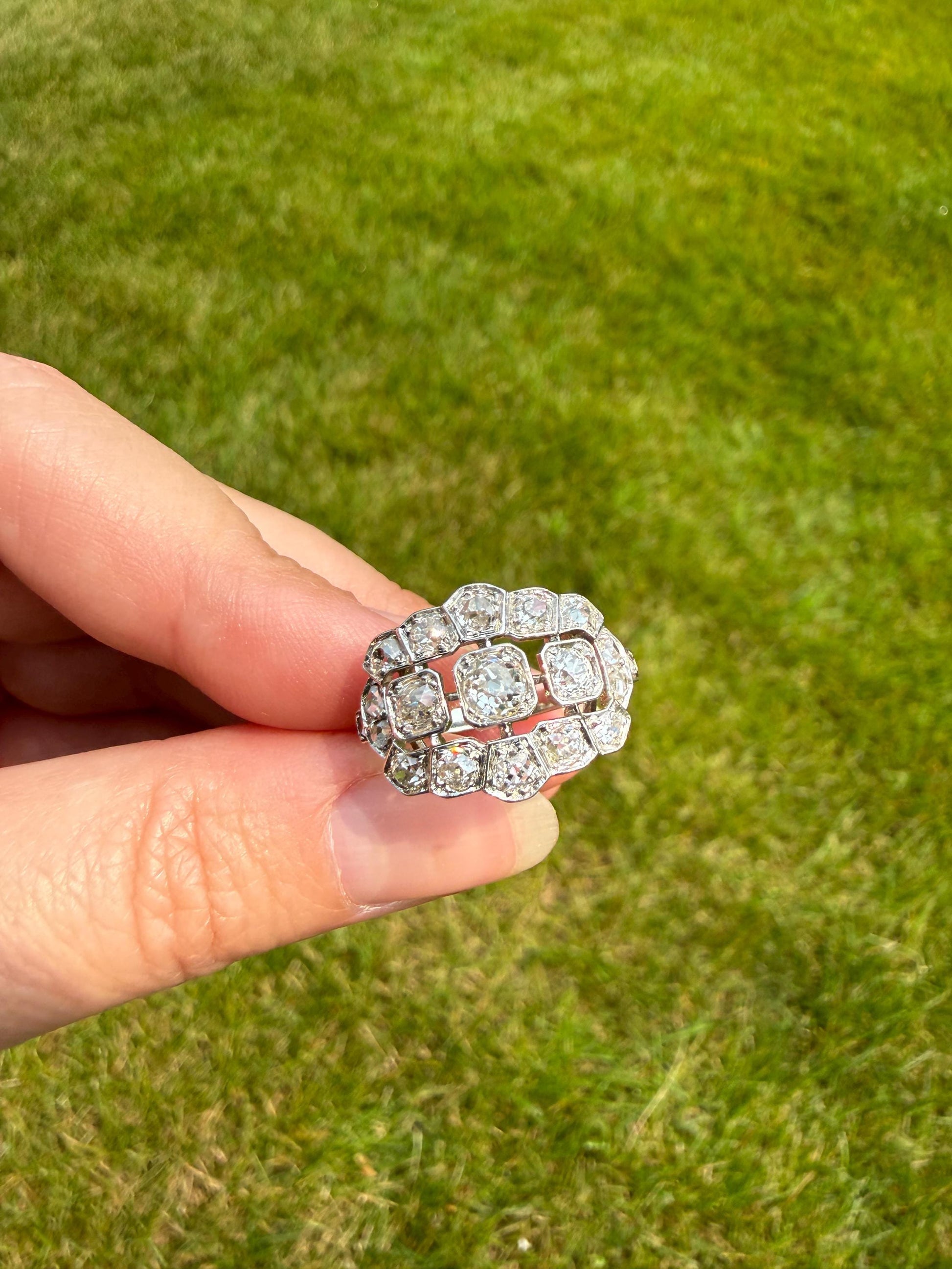 Ornate Art Deco 1.5 Carat Rose & Old Mine Cut Diamond Cluster Ring 18k White Gold Platinum East West Wide Three Stone Halo Cocktail Stacker