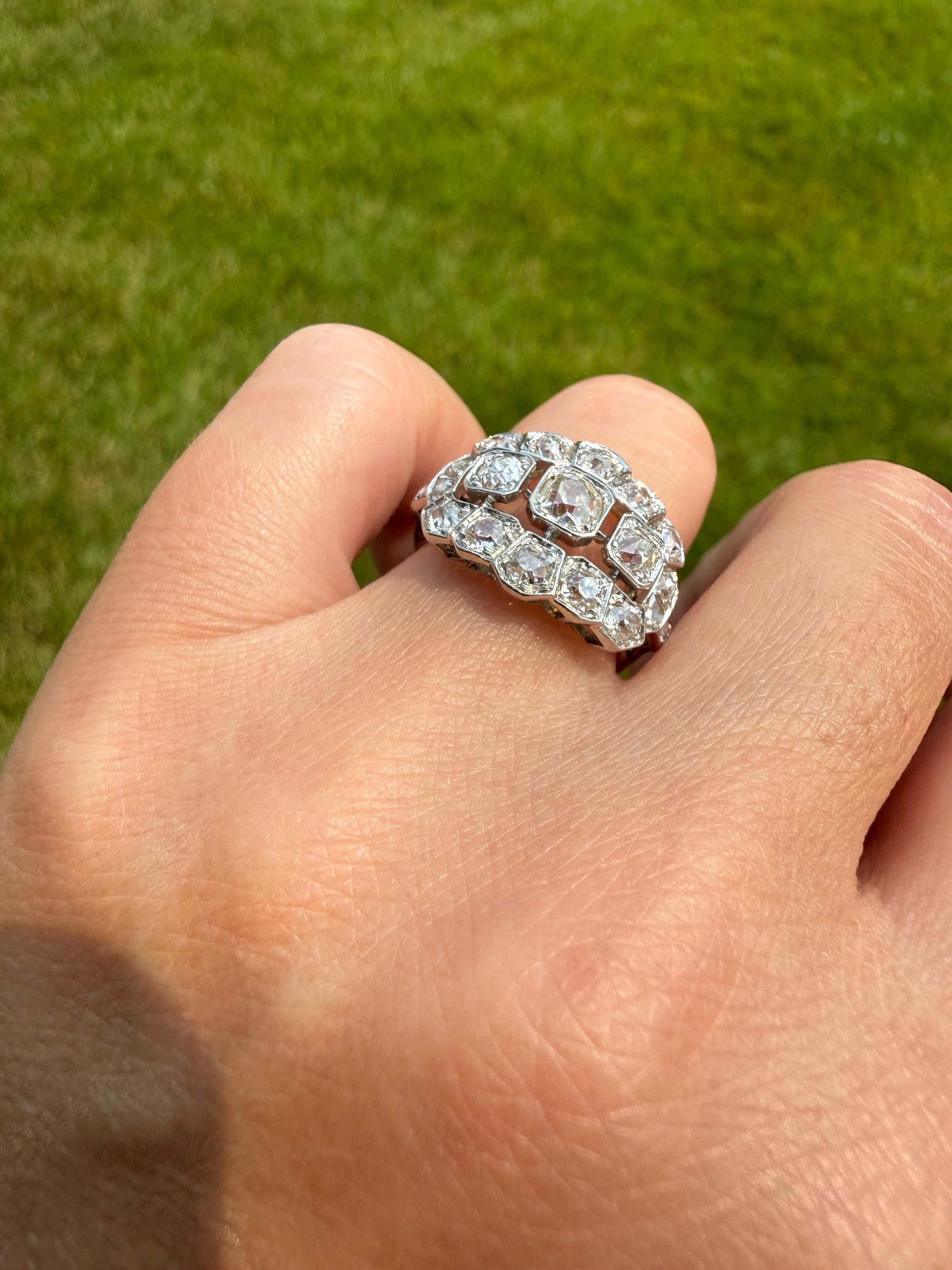 Ornate Art Deco 1.5 Carat Rose & Old Mine Cut Diamond Cluster Ring 18k White Gold Platinum East West Wide Three Stone Halo Cocktail Stacker