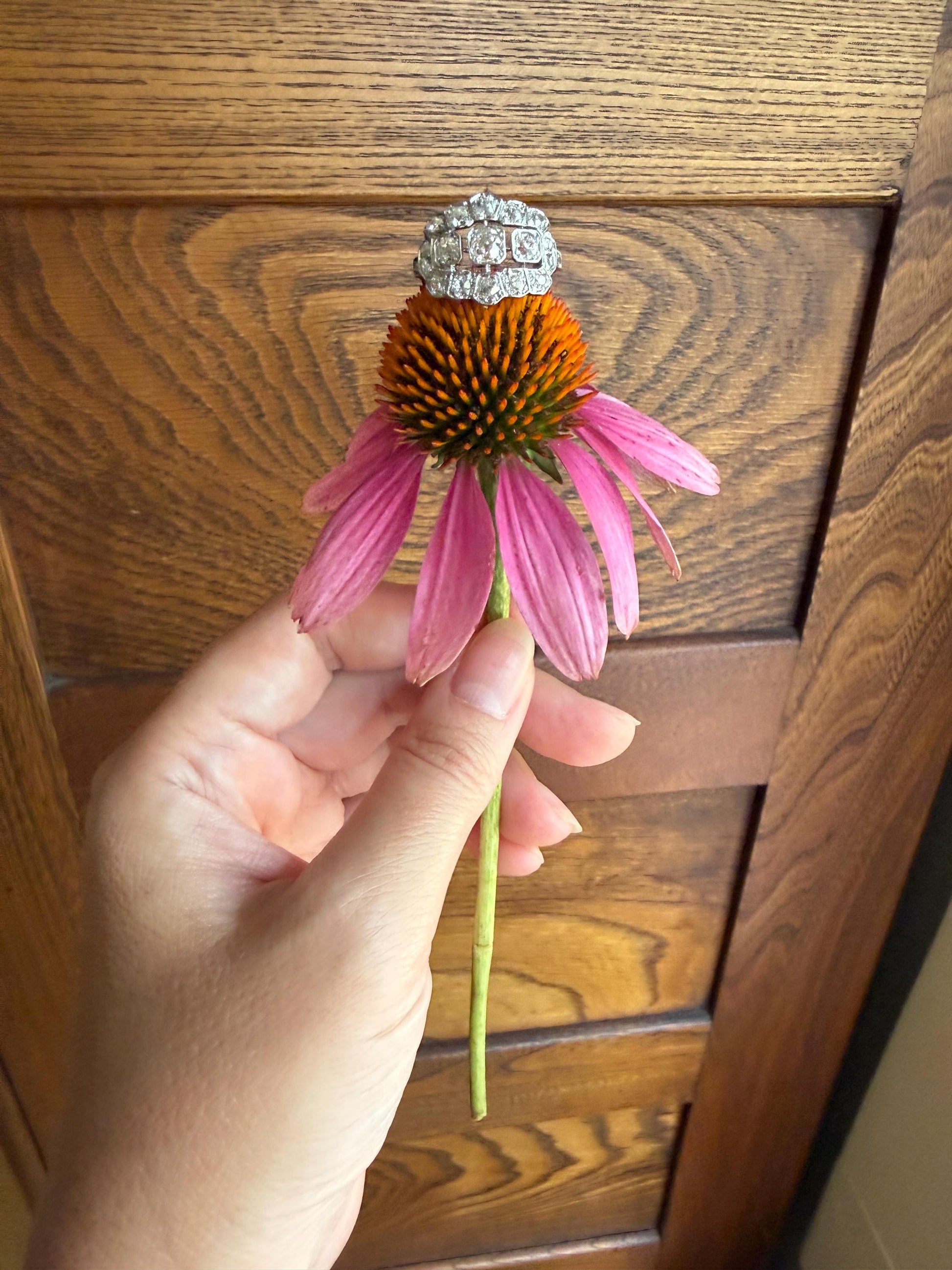 Ornate Art Deco 1.5 Carat Rose & Old Mine Cut Diamond Cluster Ring 18k White Gold Platinum East West Wide Three Stone Halo Cocktail Stacker