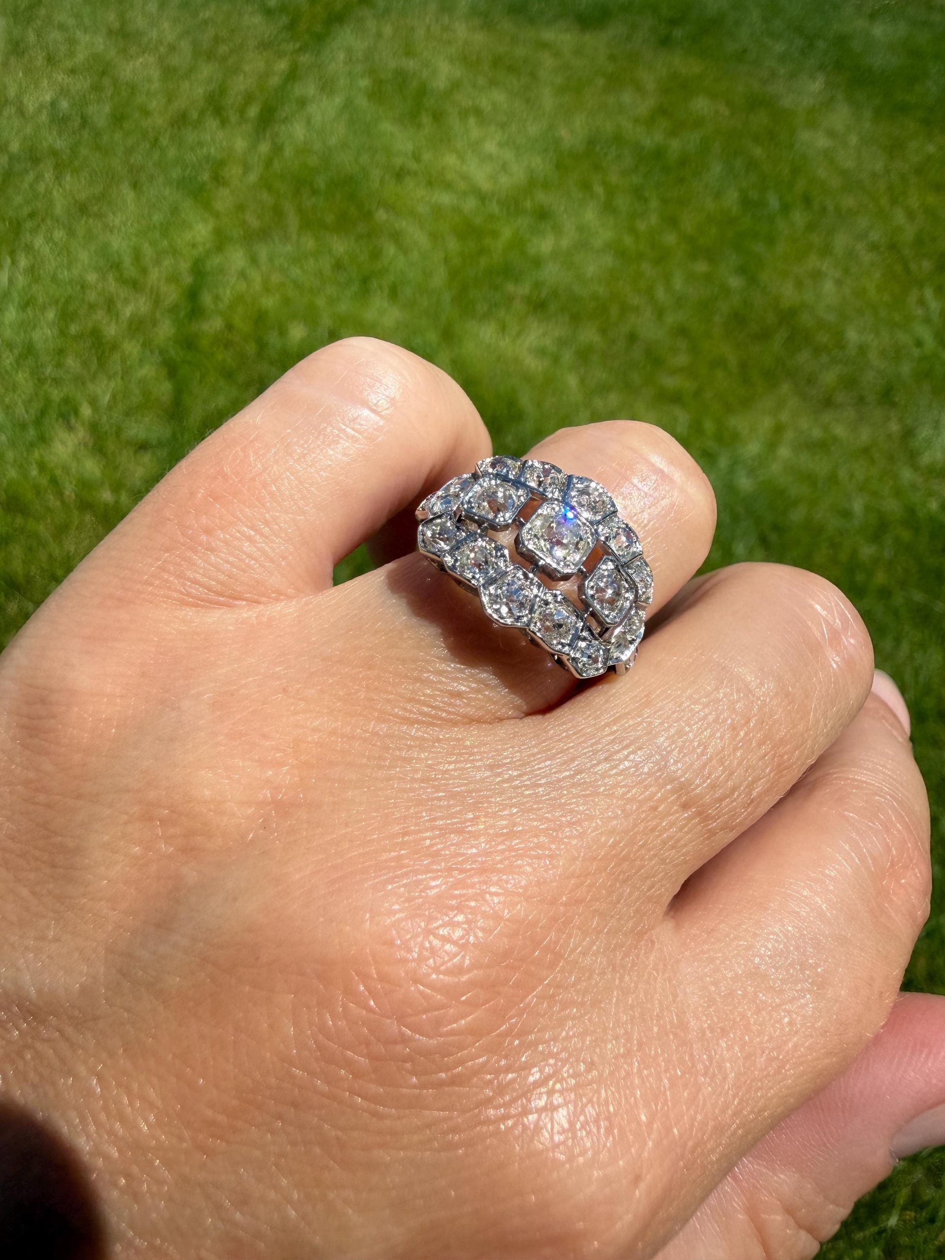 Ornate Art Deco 1.5 Carat Rose & Old Mine Cut Diamond Cluster Ring 18k White Gold Platinum East West Wide Three Stone Halo Cocktail Stacker