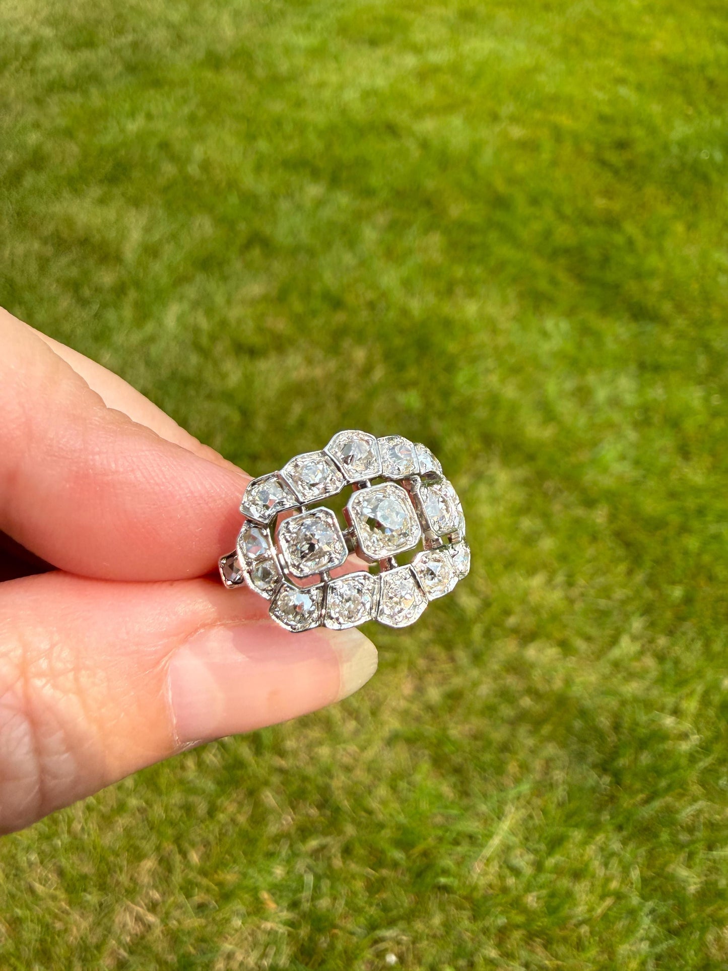 Ornate Art Deco 1.5 Carat Rose & Old Mine Cut Diamond Cluster Ring 18k White Gold Platinum East West Wide Three Stone Halo Cocktail Stacker