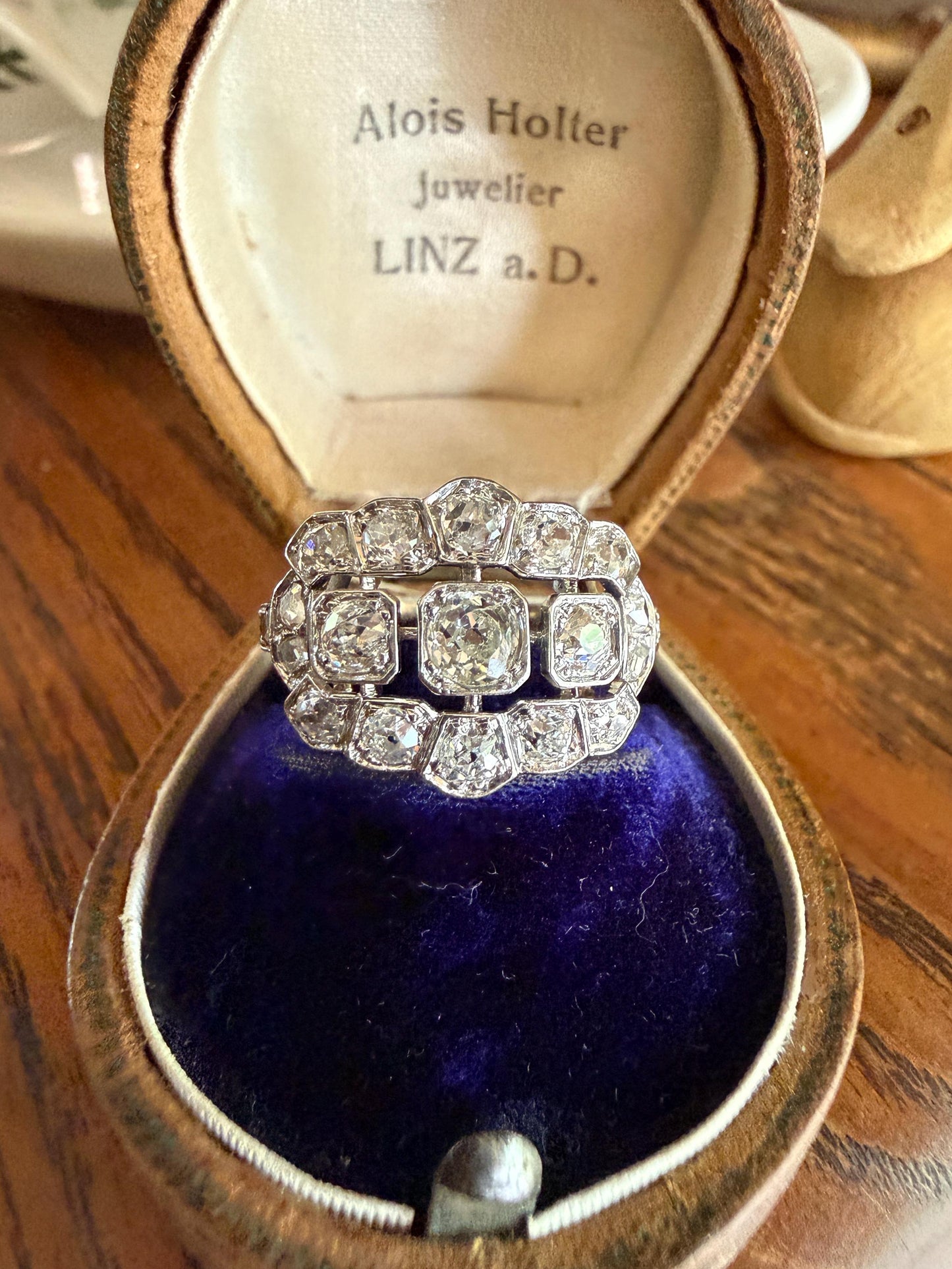 Ornate Art Deco 1.5 Carat Rose & Old Mine Cut Diamond Cluster Ring 18k White Gold Platinum East West Wide Three Stone Halo Cocktail Stacker