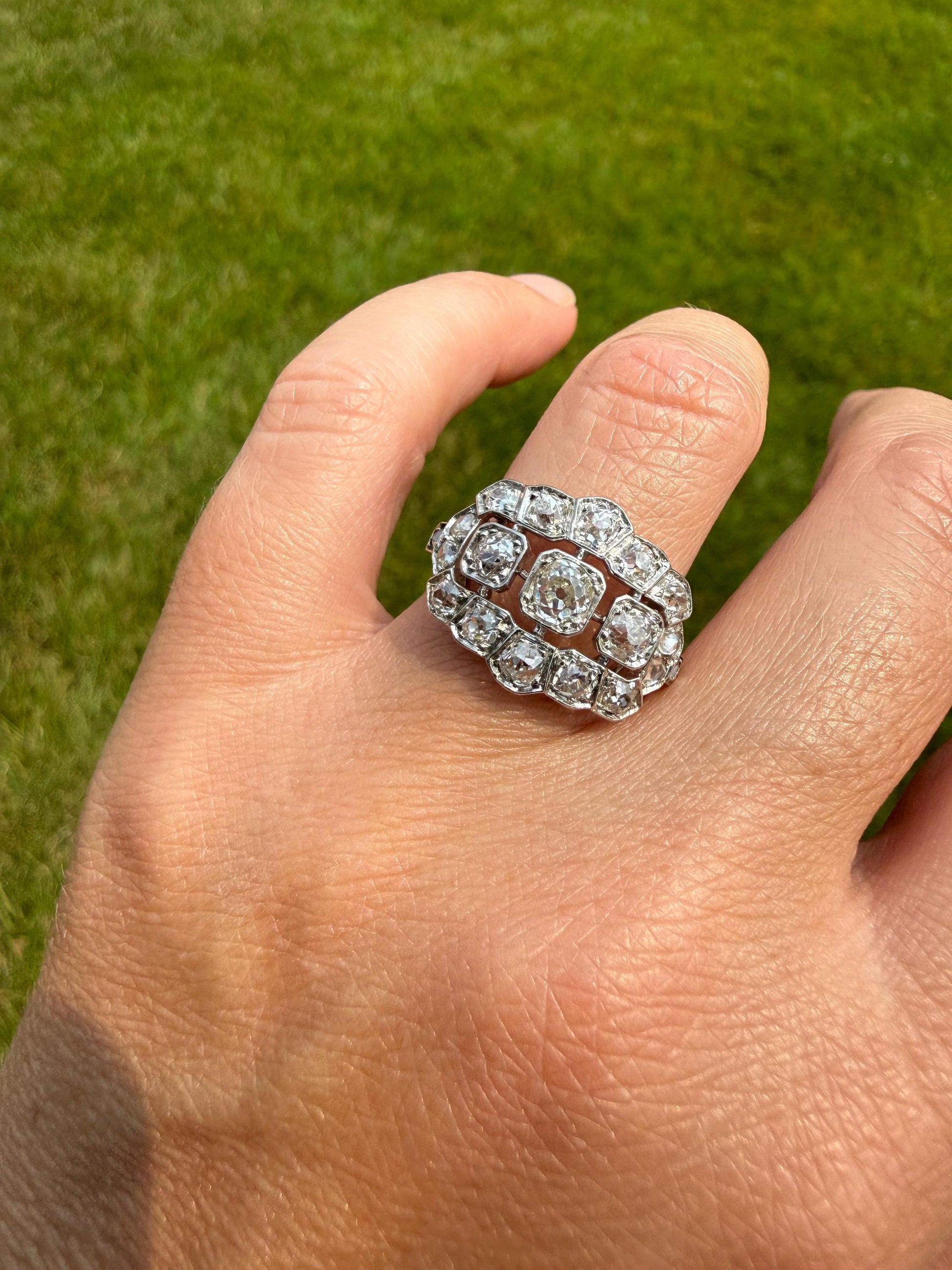 Ornate Art Deco 1.5 Carat Rose & Old Mine Cut Diamond Cluster Ring 18k White Gold Platinum East West Wide Three Stone Halo Cocktail Stacker