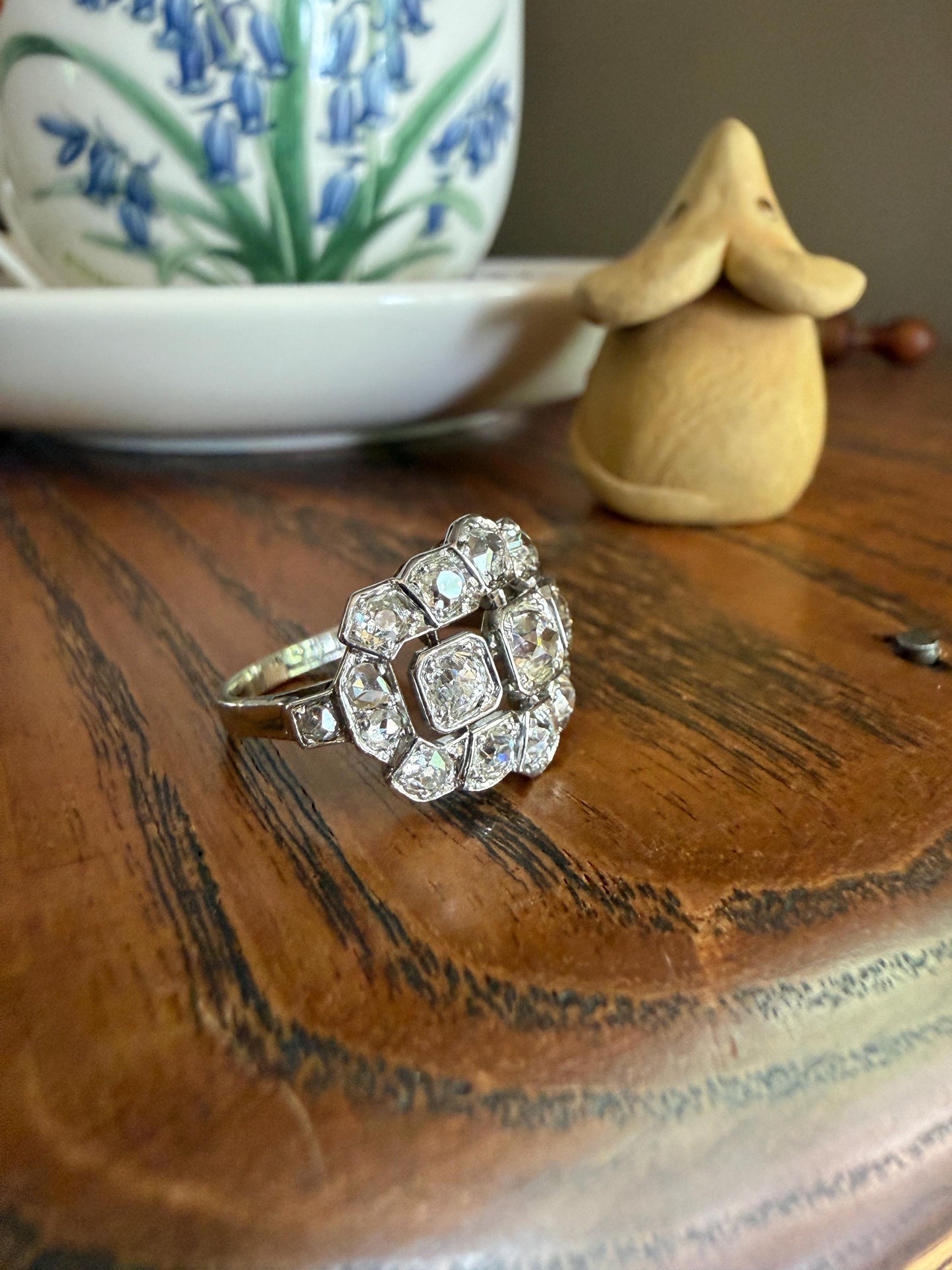 Ornate Art Deco 1.5 Carat Rose & Old Mine Cut Diamond Cluster Ring 18k White Gold Platinum East West Wide Three Stone Halo Cocktail Stacker
