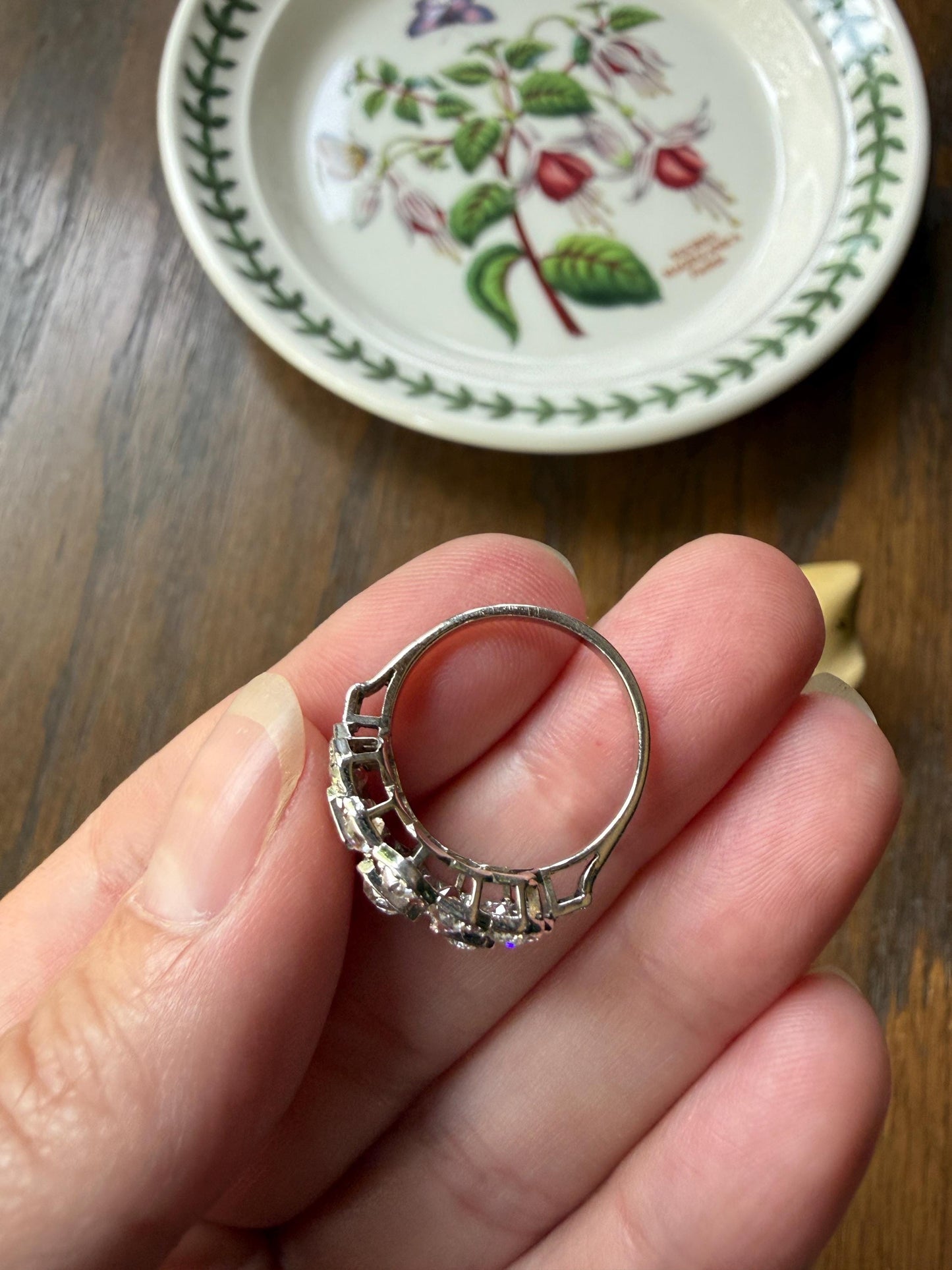 Ornate Art Deco 1.5 Carat Rose & Old Mine Cut Diamond Cluster Ring 18k White Gold Platinum East West Wide Three Stone Halo Cocktail Stacker