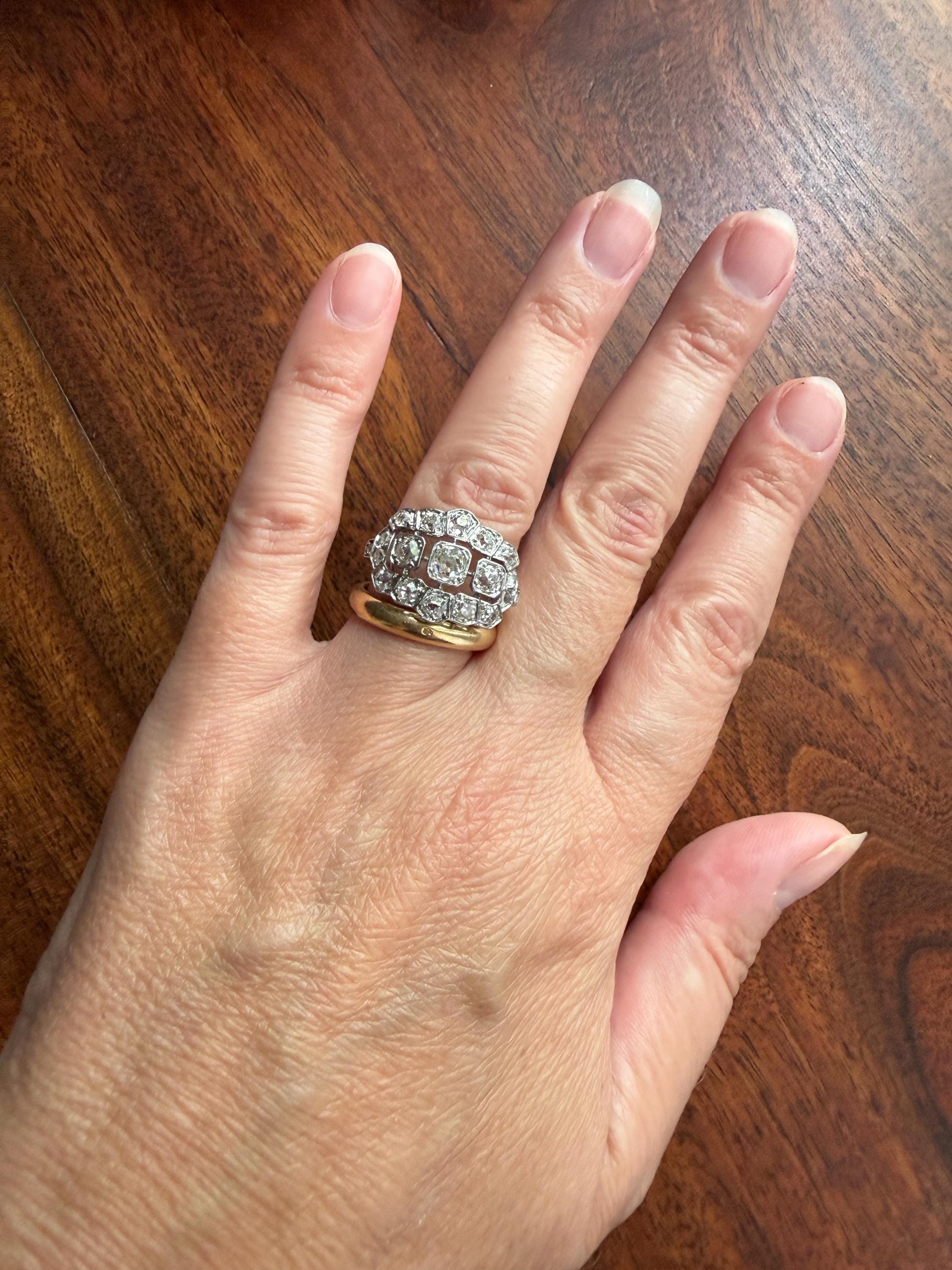 Ornate Art Deco 1.5 Carat Rose & Old Mine Cut Diamond Cluster Ring 18k White Gold Platinum East West Wide Three Stone Halo Cocktail Stacker
