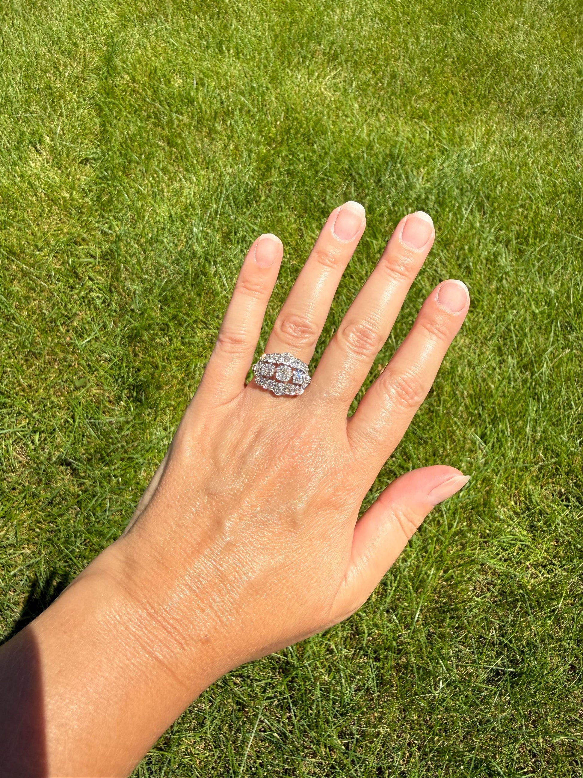 Ornate Art Deco 1.5 Carat Rose & Old Mine Cut Diamond Cluster Ring 18k White Gold Platinum East West Wide Three Stone Halo Cocktail Stacker