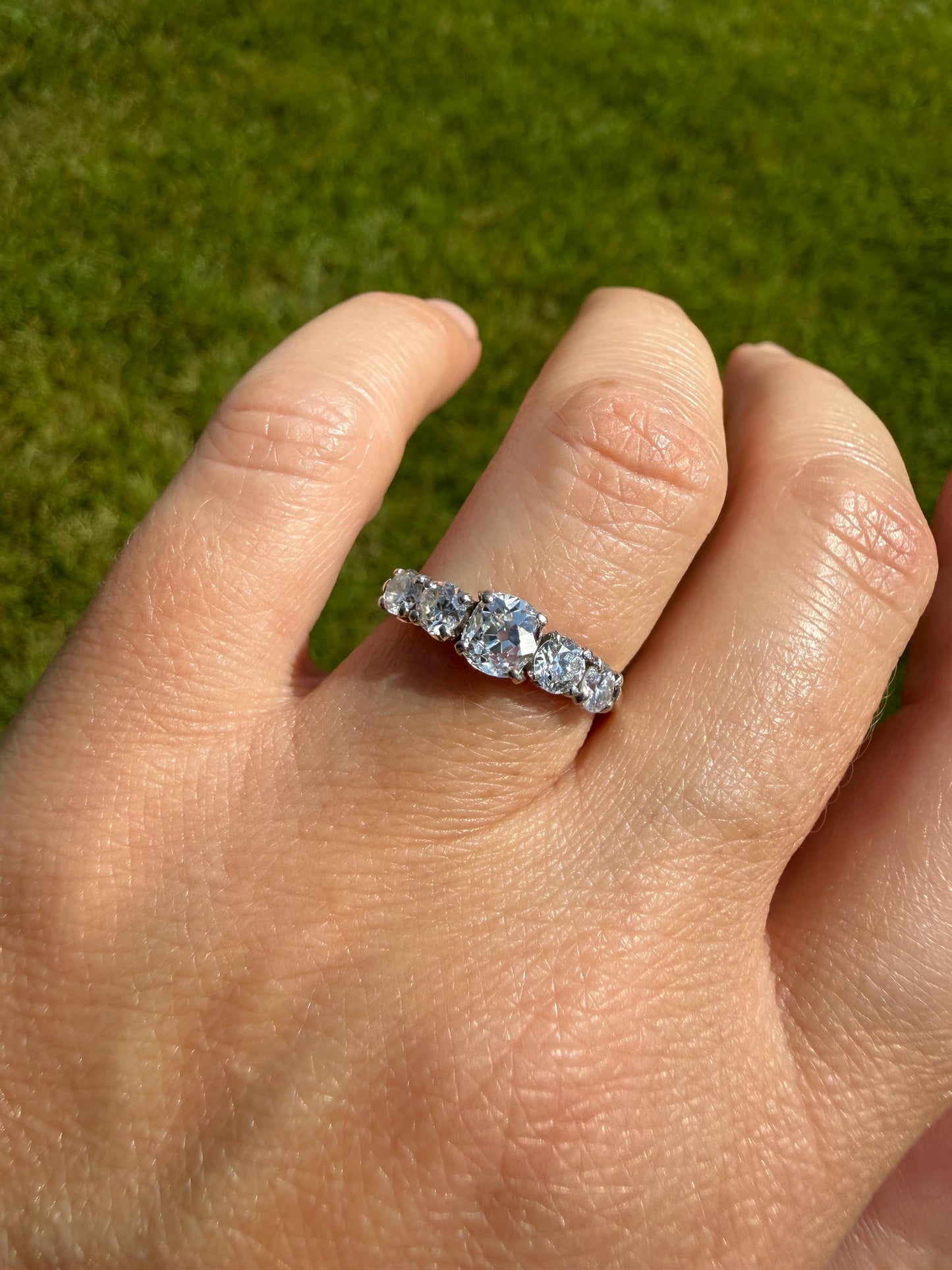 Five Stone 1.2 Carat Old Mine & Transitional Cut Natural Diamond Band French 18k White Gold Platinum Stacker Ring