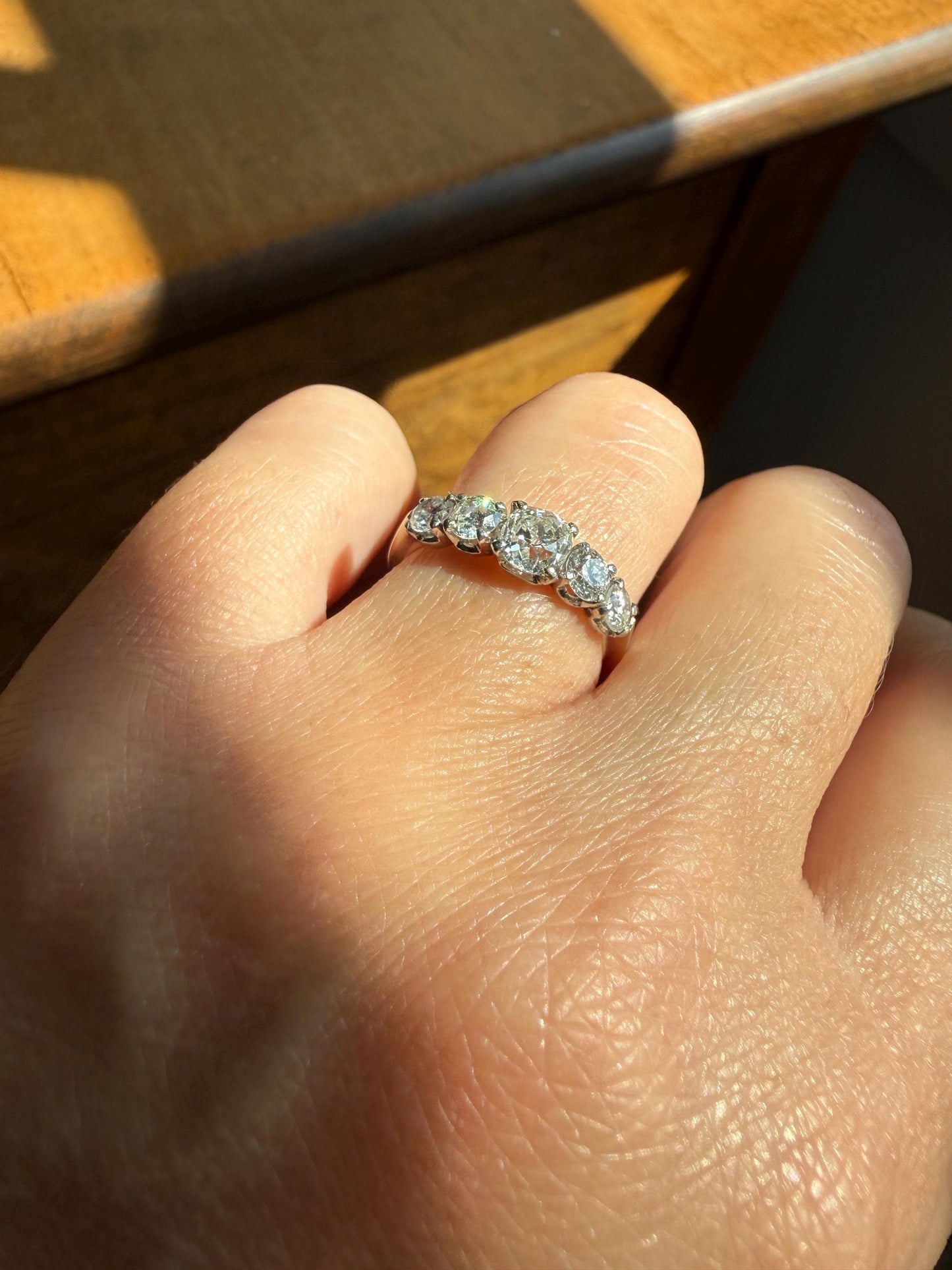 Five Stone 1.2 Carat Old Mine & Transitional Cut Natural Diamond Band French 18k White Gold Platinum Stacker Ring