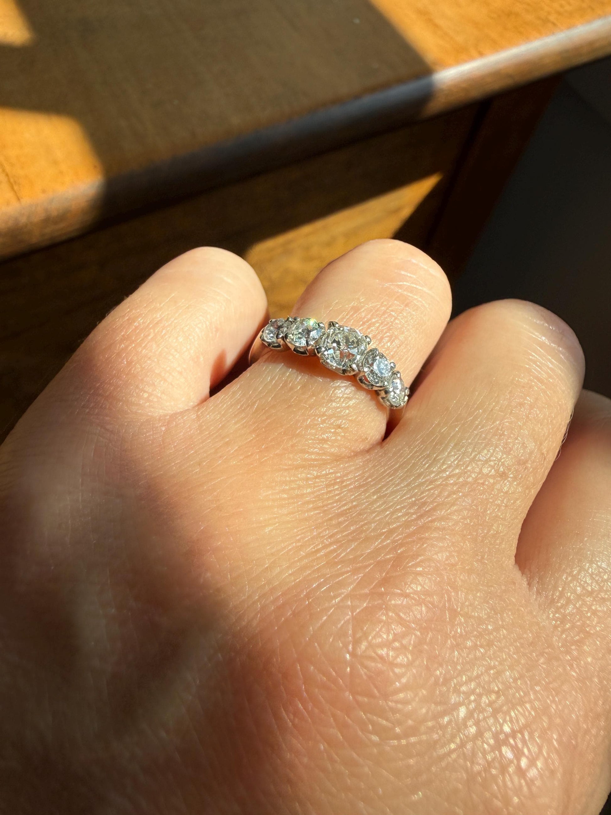 Five Stone 1.2 Carat Old Mine & Transitional Cut Natural Diamond Band French 18k White Gold Platinum Stacker Ring