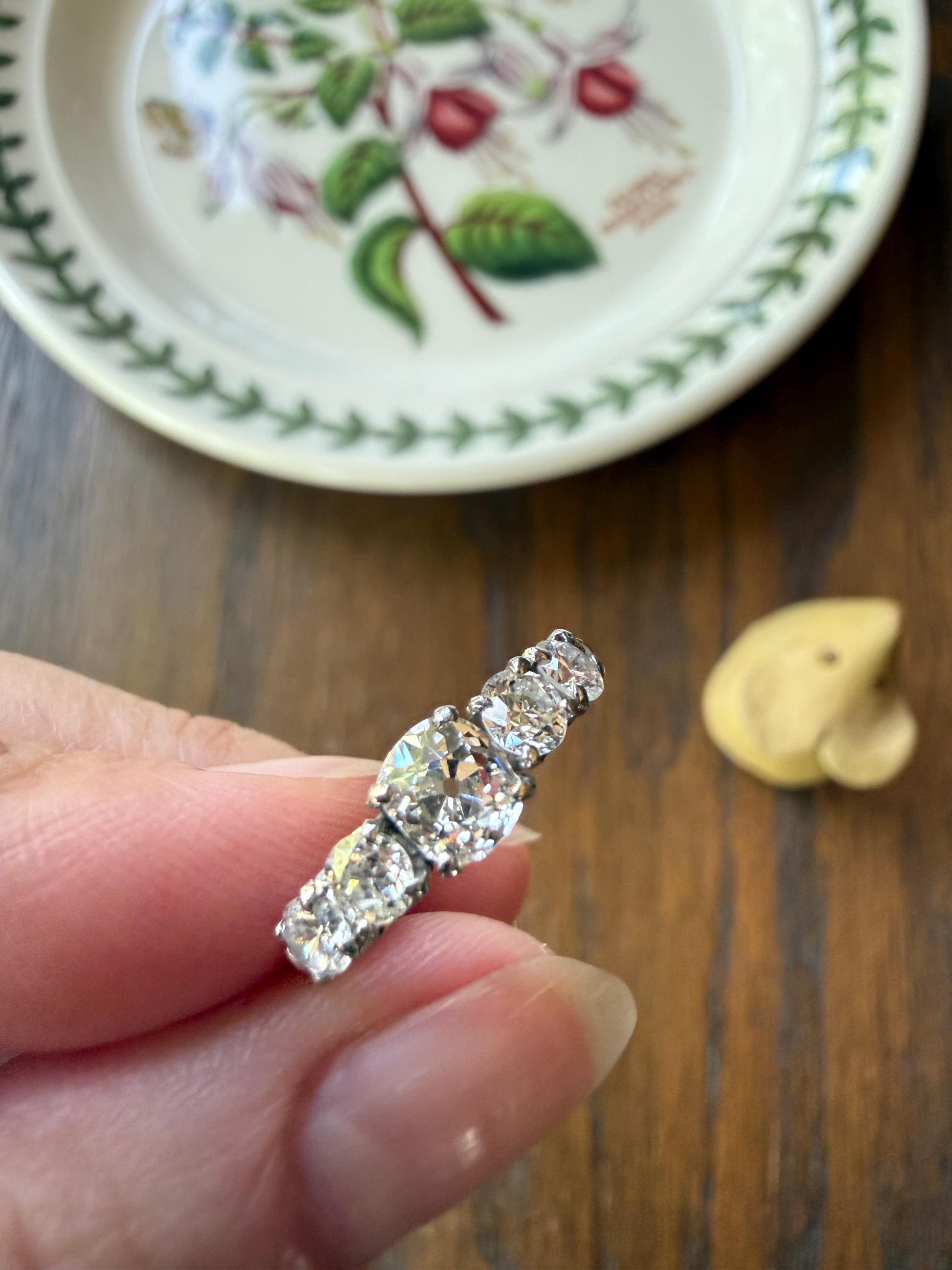 Five Stone 1.2 Carat Old Mine & Transitional Cut Natural Diamond Band French 18k White Gold Platinum Stacker Ring