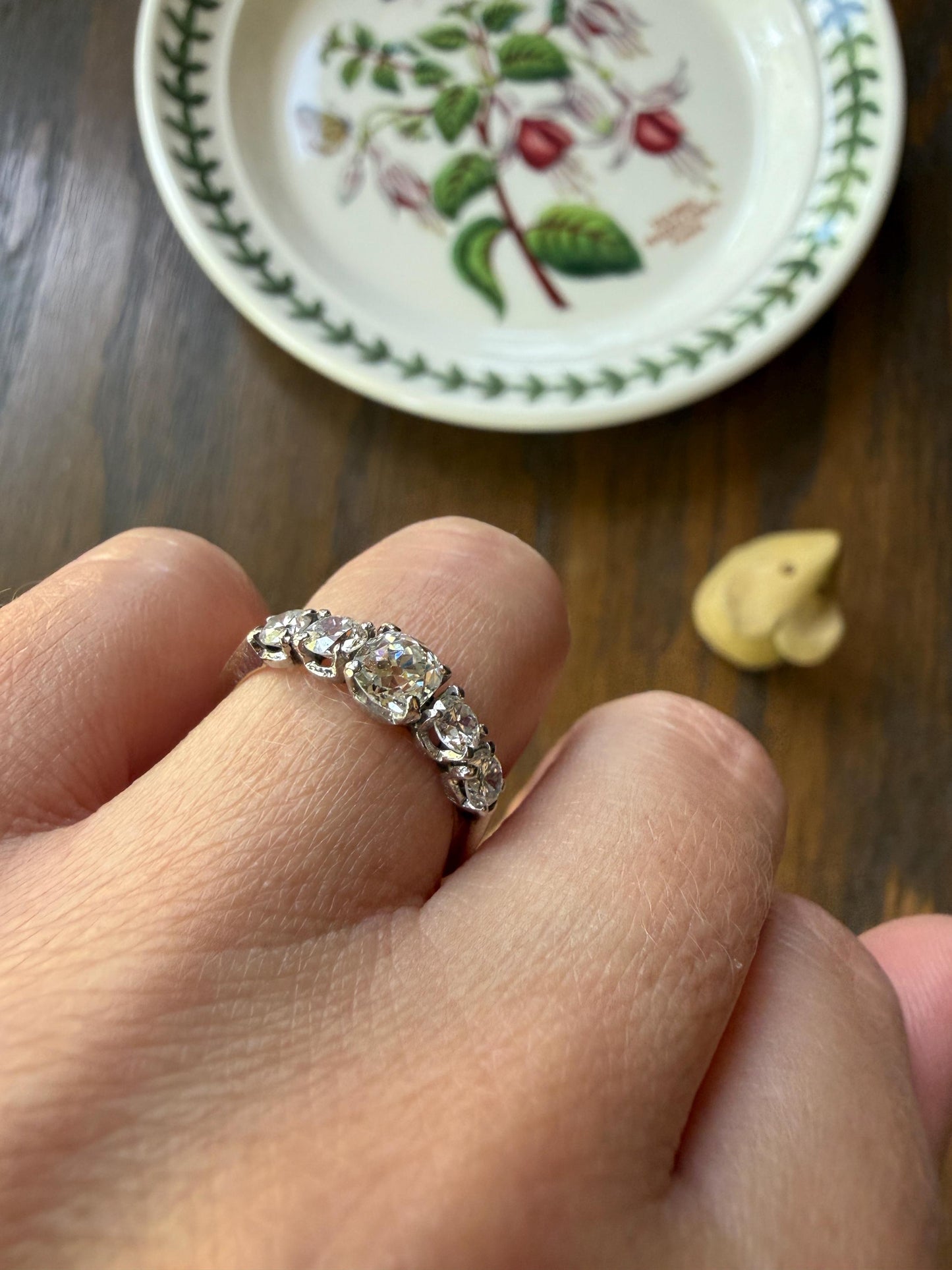 Five Stone 1.2 Carat Old Mine & Transitional Cut Natural Diamond Band French 18k White Gold Platinum Stacker Ring