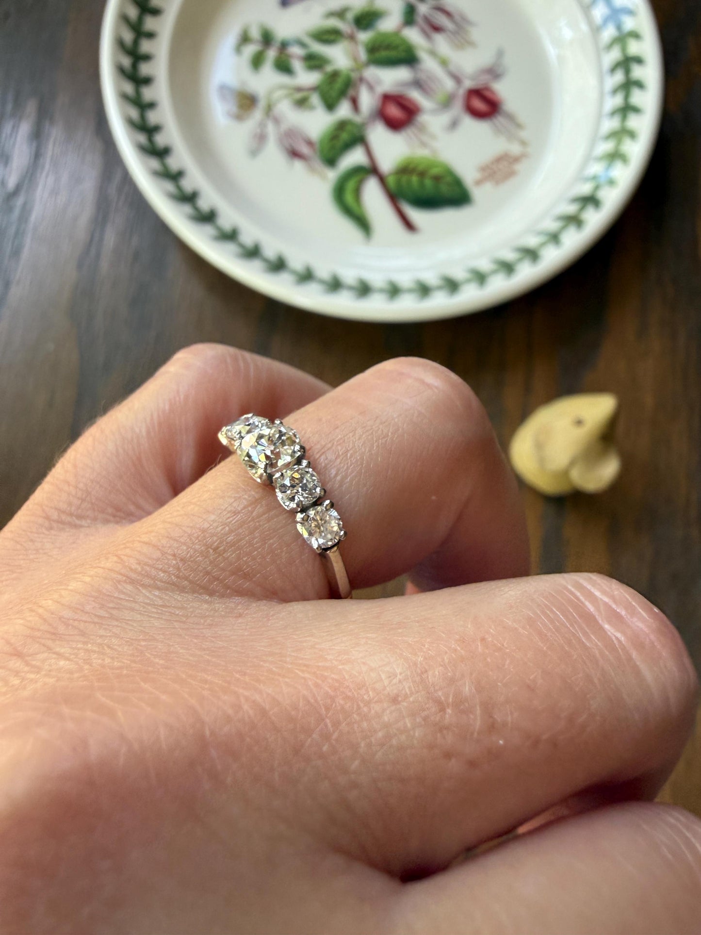 Five Stone 1.2 Carat Old Mine & Transitional Cut Natural Diamond Band French 18k White Gold Platinum Stacker Ring