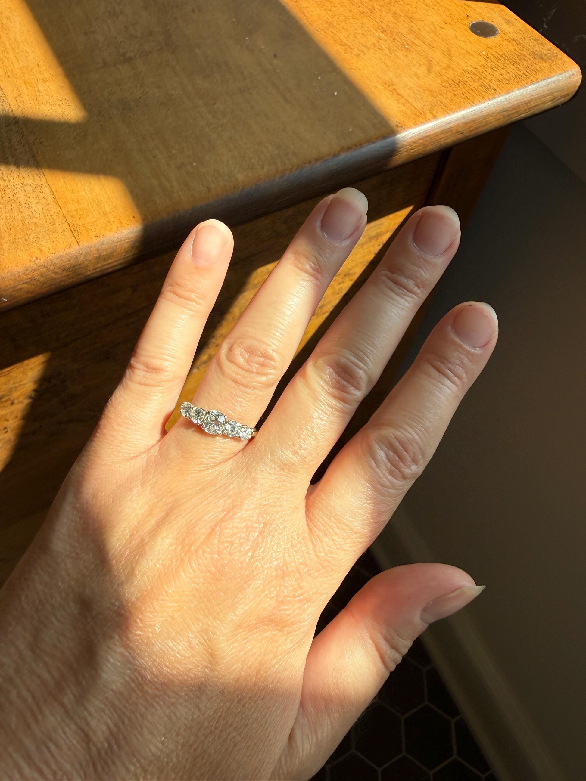 Five Stone 1.2 Carat Old Mine & Transitional Cut Natural Diamond Band French 18k White Gold Platinum Stacker Ring