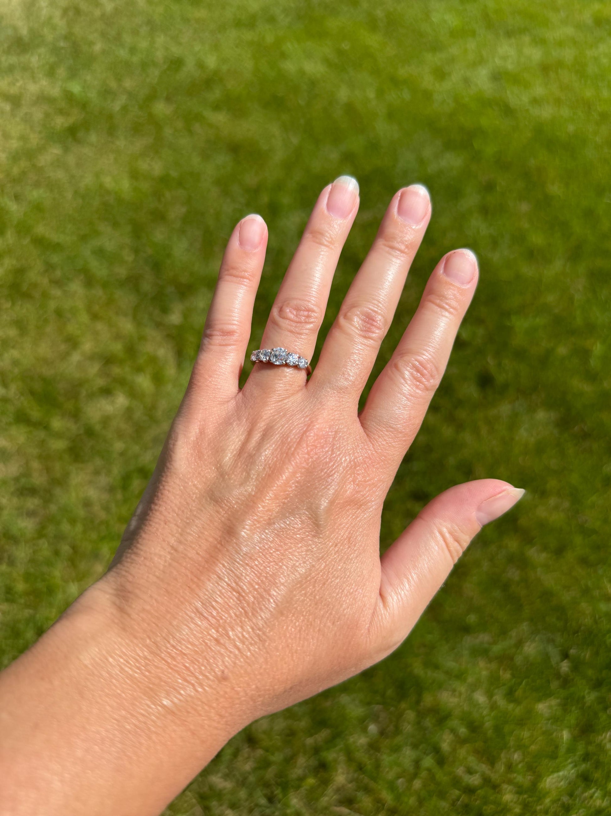 Five Stone 1.2 Carat Old Mine & Transitional Cut Natural Diamond Band French 18k White Gold Platinum Stacker Ring