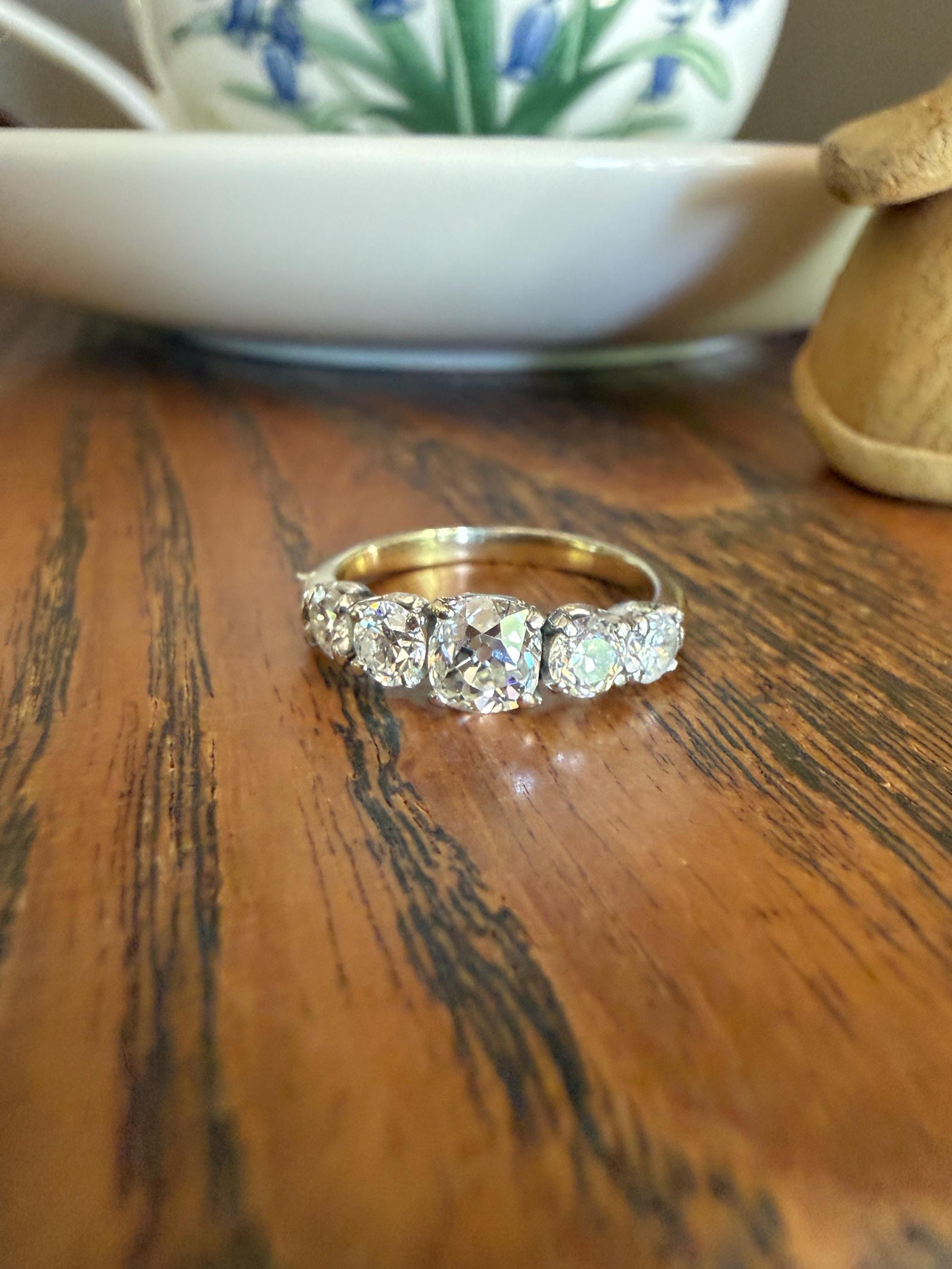 Five Stone 1.2 Carat Old Mine & Transitional Cut Natural Diamond Band French 18k White Gold Platinum Stacker Ring