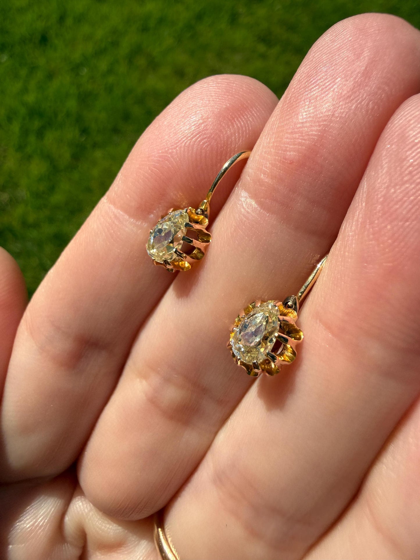 Rare PEAR Pale Yellow Old Mine Cut ANTIQUE One Carat Diamond Dormeuse Earrings 18k Gold Fixed Buttercup Setting Minimalist Sparkle Victorian