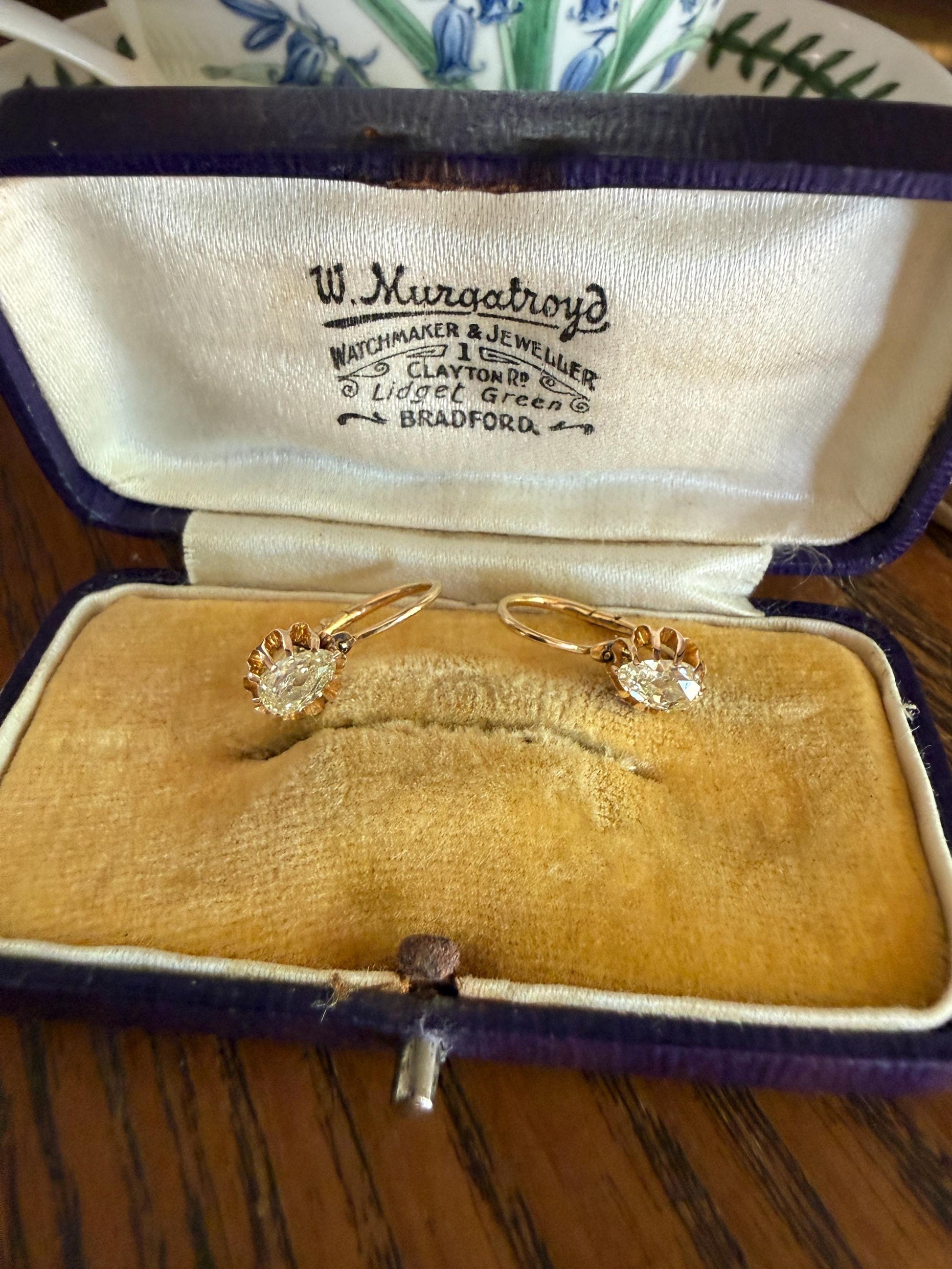 Rare PEAR Pale Yellow Old Mine Cut ANTIQUE One Carat Diamond Dormeuse Earrings 18k Gold Fixed Buttercup Setting Minimalist Sparkle Victorian