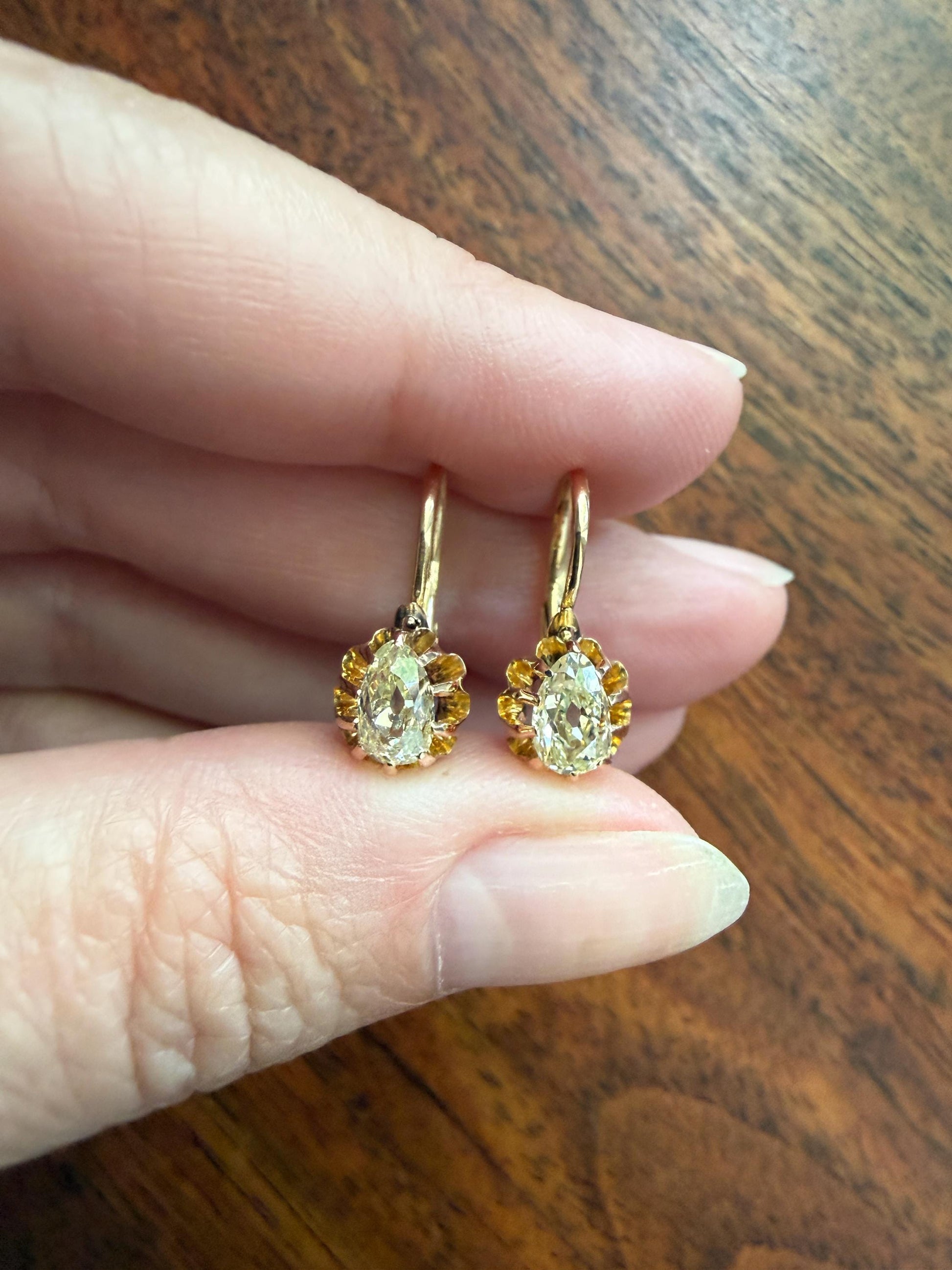 Rare PEAR Pale Yellow Old Mine Cut ANTIQUE One Carat Diamond Dormeuse Earrings 18k Gold Fixed Buttercup Setting Minimalist Sparkle Victorian