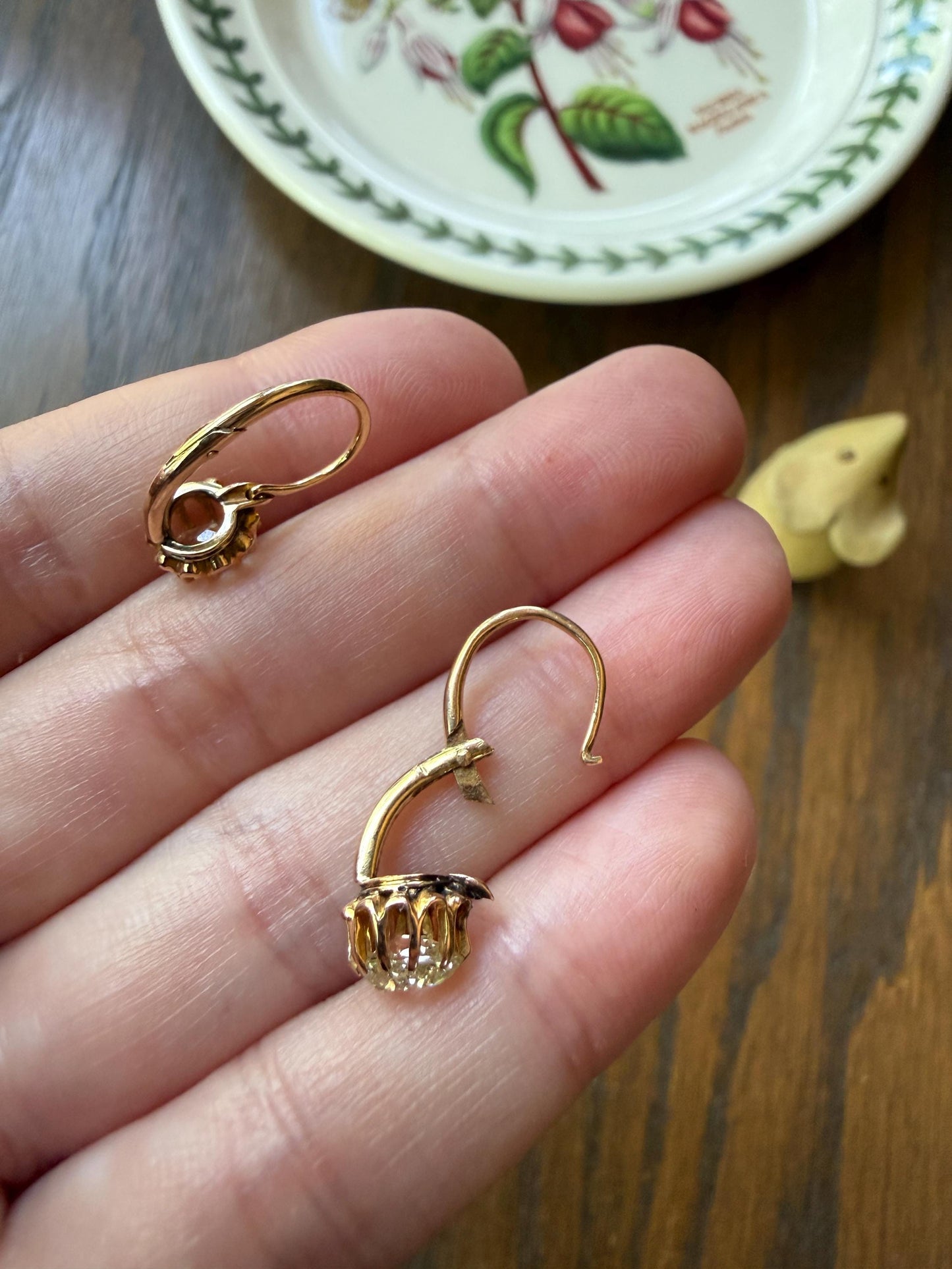 Rare PEAR Pale Yellow Old Mine Cut ANTIQUE One Carat Diamond Dormeuse Earrings 18k Gold Fixed Buttercup Setting Minimalist Sparkle Victorian