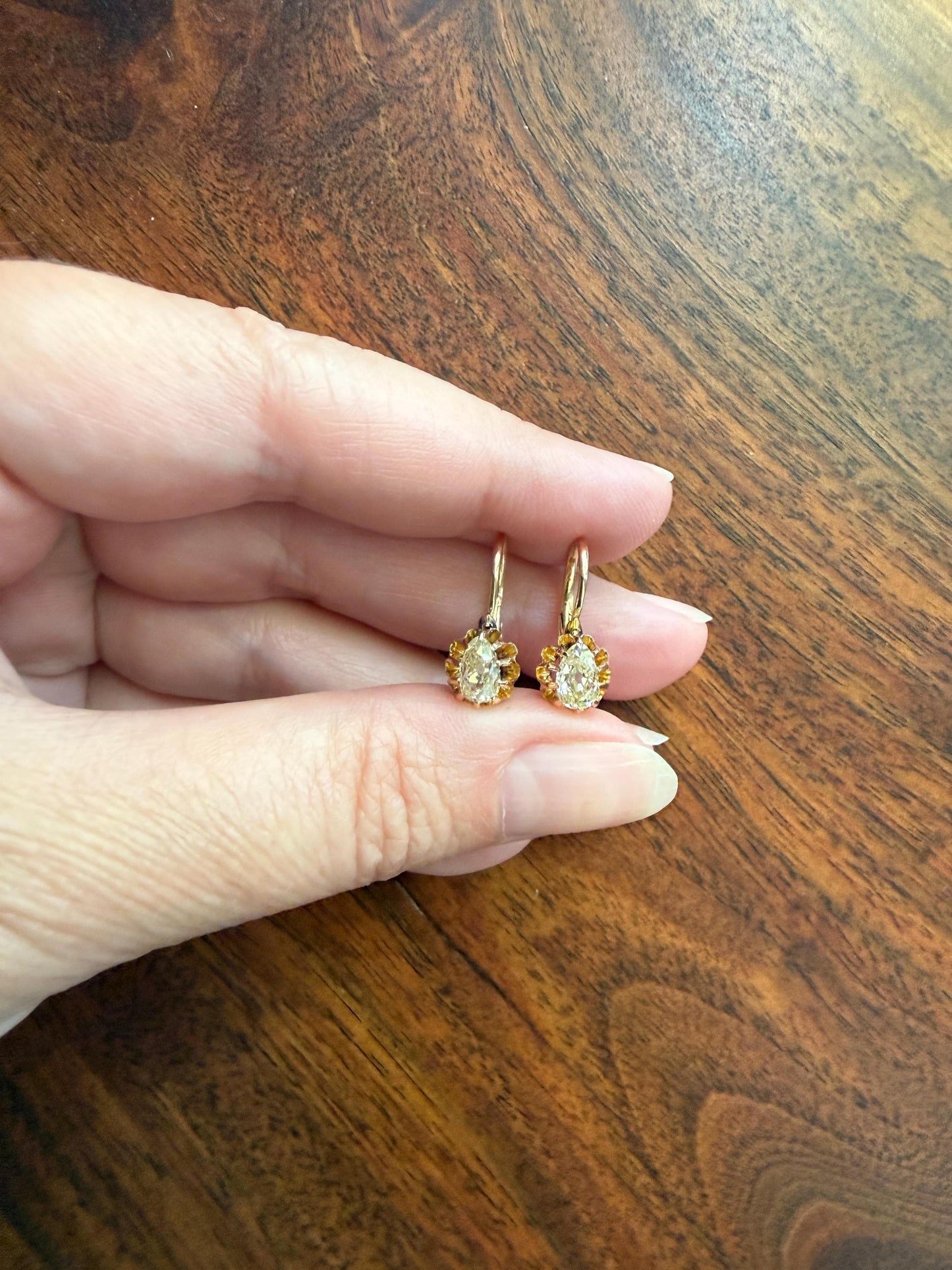 Rare PEAR Pale Yellow Old Mine Cut ANTIQUE One Carat Diamond Dormeuse Earrings 18k Gold Fixed Buttercup Setting Minimalist Sparkle Victorian