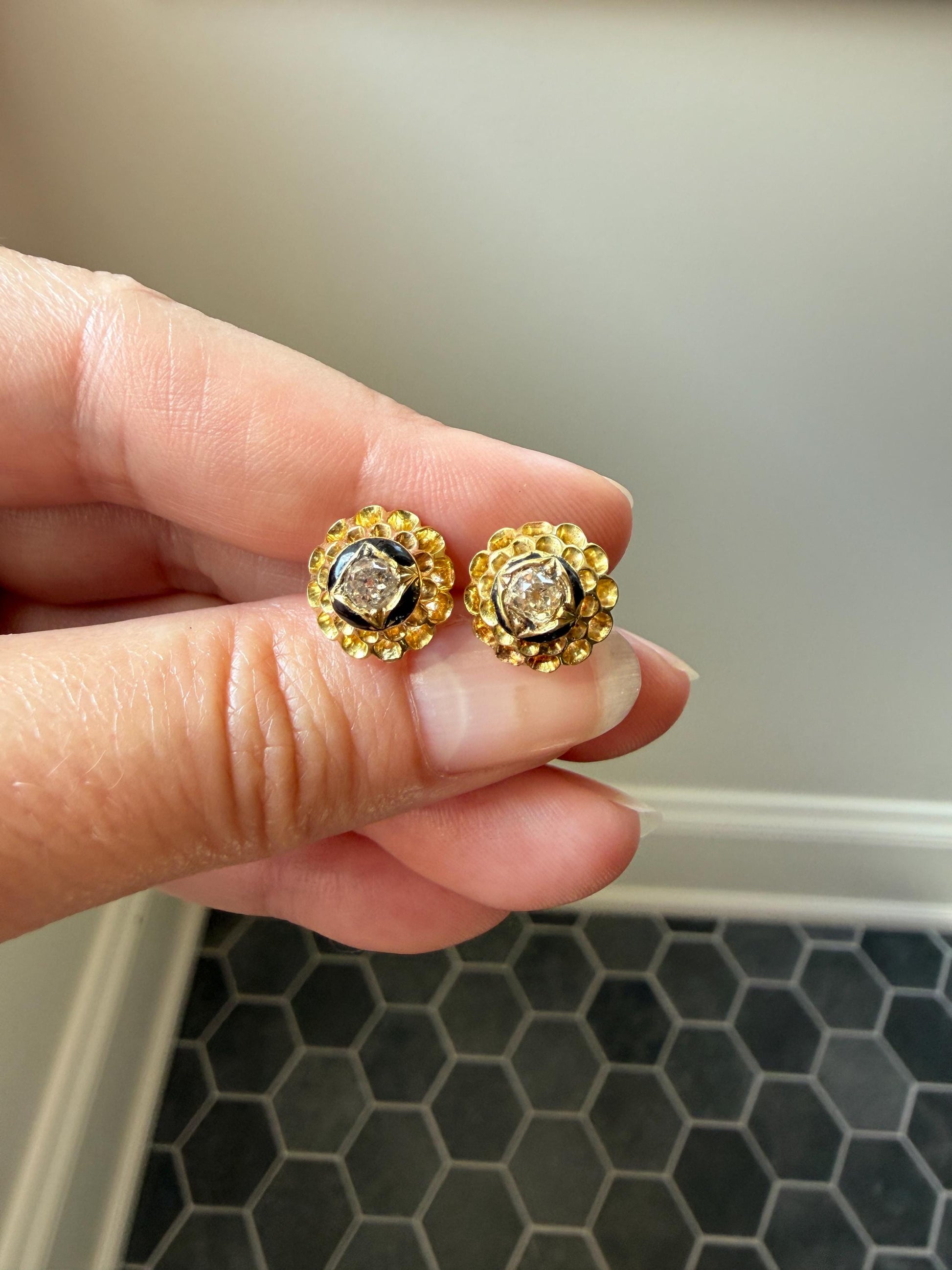 Antique Buttercup 0.5 Carat Old Mine Cut Diamond Stud Victorian Earrings 18k Gold Solid Scalloped Domed Black Enamel Halo Ornate