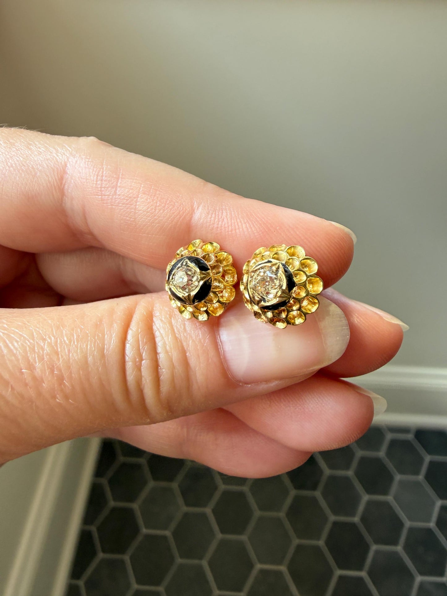 Antique Buttercup 0.5 Carat Old Mine Cut Diamond Stud Victorian Earrings 18k Gold Solid Scalloped Domed Black Enamel Halo Ornate