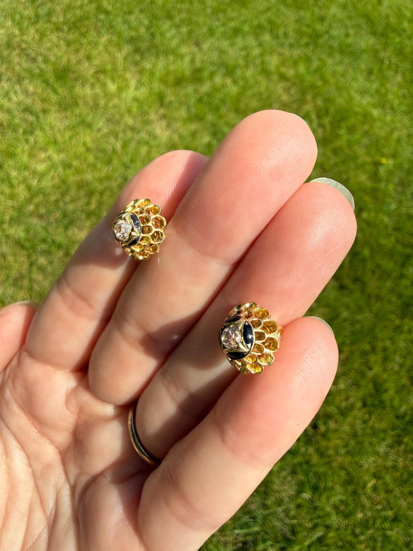 Antique Buttercup 0.5 Carat Old Mine Cut Diamond Stud Victorian Earrings 18k Gold Solid Scalloped Domed Black Enamel Halo Ornate