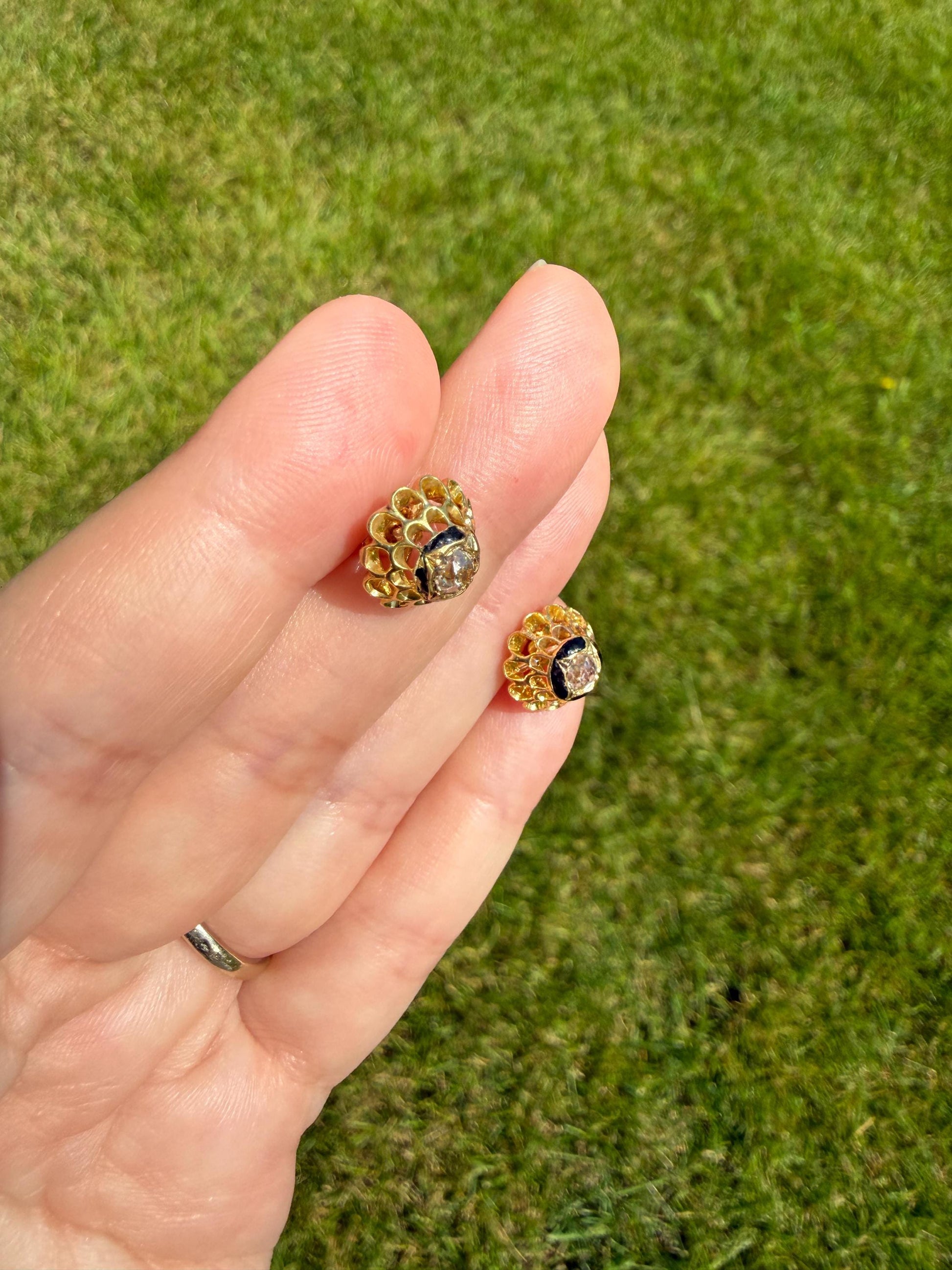 Antique Buttercup 0.5 Carat Old Mine Cut Diamond Stud Victorian Earrings 18k Gold Solid Scalloped Domed Black Enamel Halo Ornate