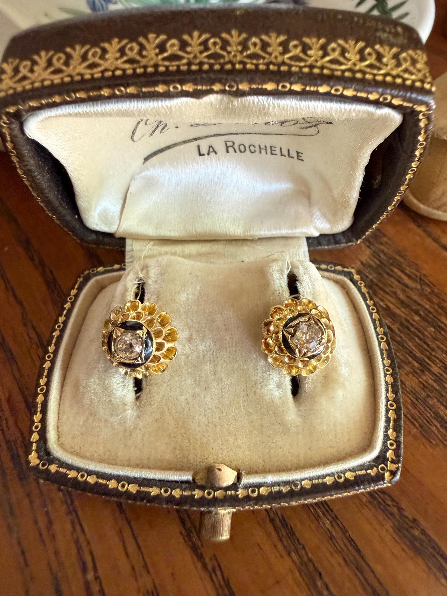 Antique Buttercup 0.5 Carat Old Mine Cut Diamond Stud Victorian Earrings 18k Gold Solid Scalloped Domed Black Enamel Halo Ornate