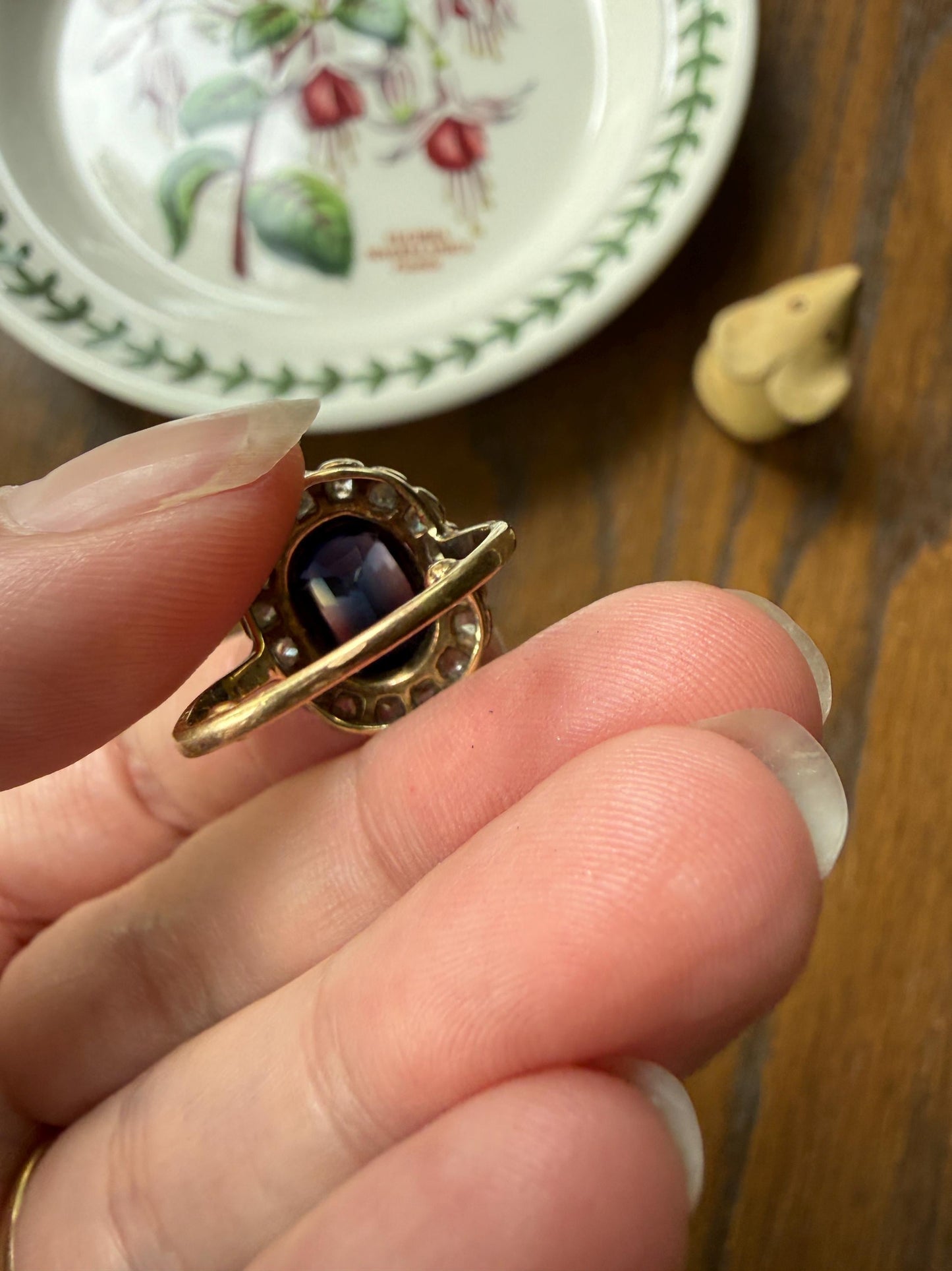 SAPPHIRE Rose Cut Diamond Halo French Antique Ring 18k Gold Silver Belle Epoque Ring Scalloped Blue Sparkle Edwardian early 1900s