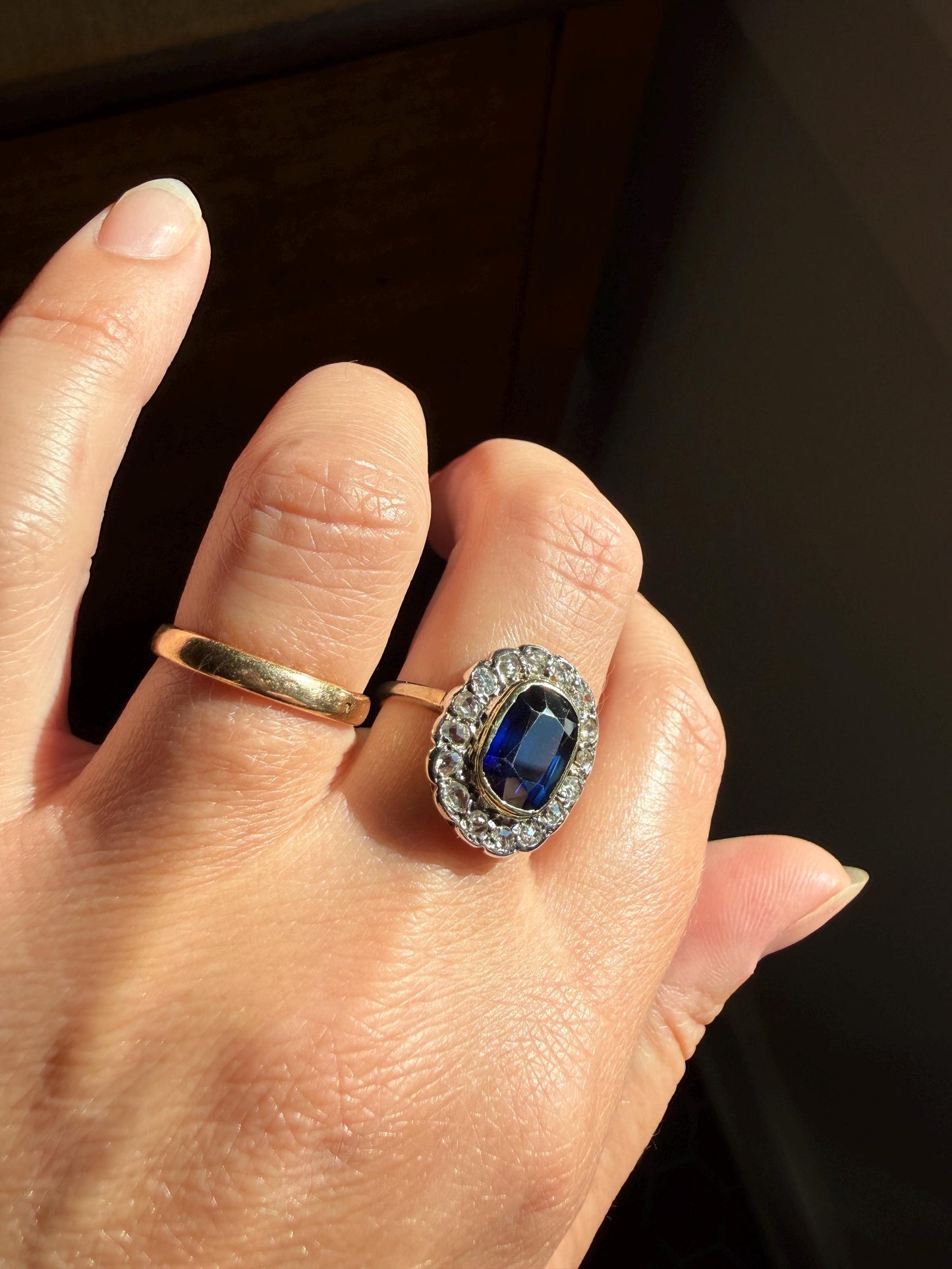 SAPPHIRE Rose Cut Diamond Halo French Antique Ring 18k Gold Silver Belle Epoque Ring Scalloped Blue Sparkle Edwardian early 1900s