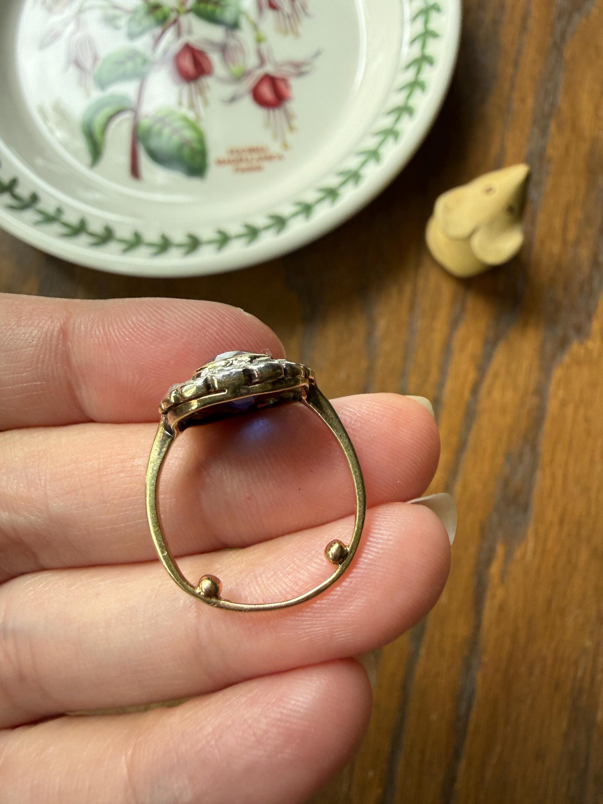 SAPPHIRE Rose Cut Diamond Halo French Antique Ring 18k Gold Silver Belle Epoque Ring Scalloped Blue Sparkle Edwardian early 1900s