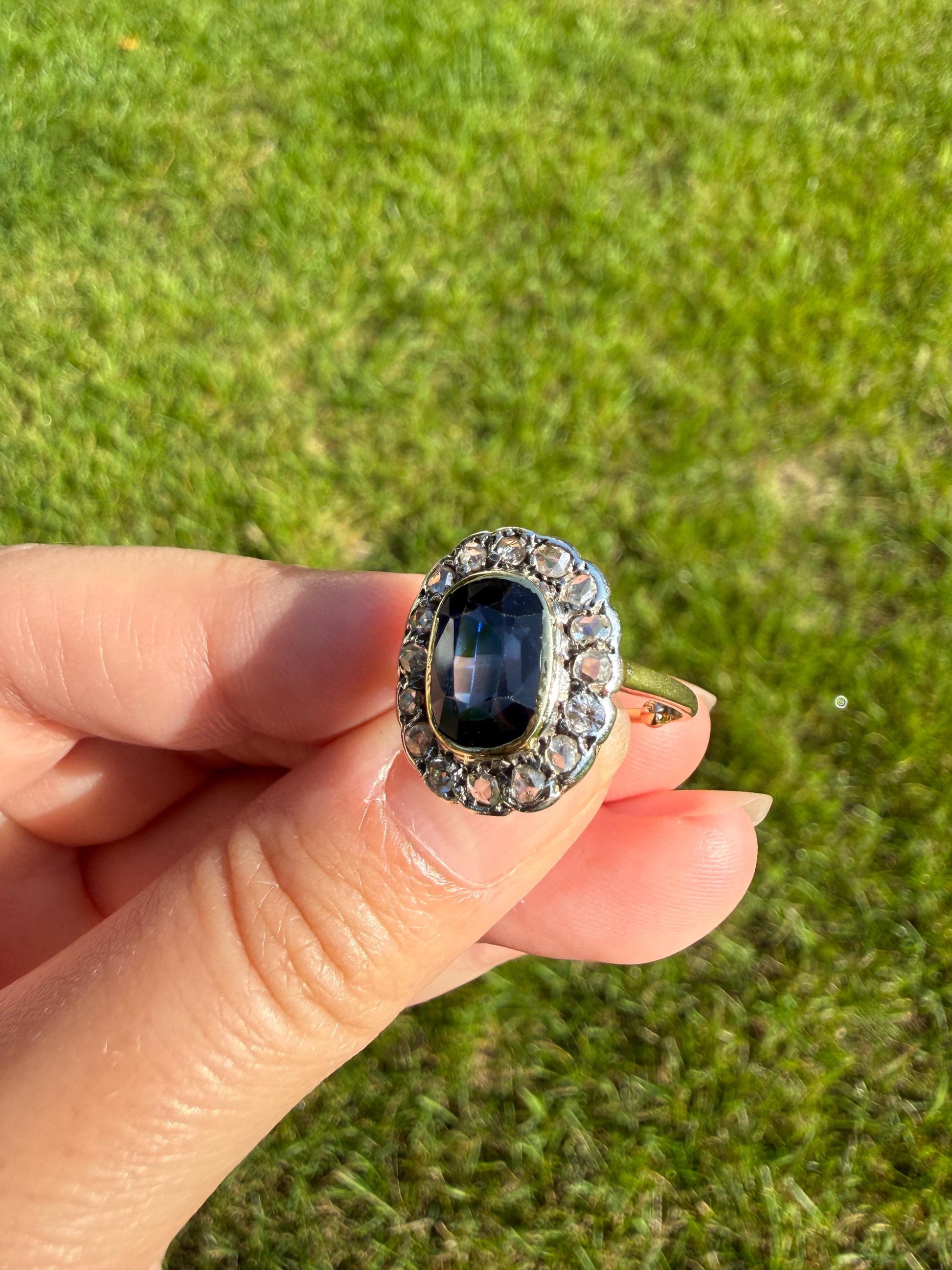 SAPPHIRE Rose Cut Diamond Halo French Antique Ring 18k Gold Silver Belle Epoque Ring Scalloped Blue Sparkle Edwardian early 1900s