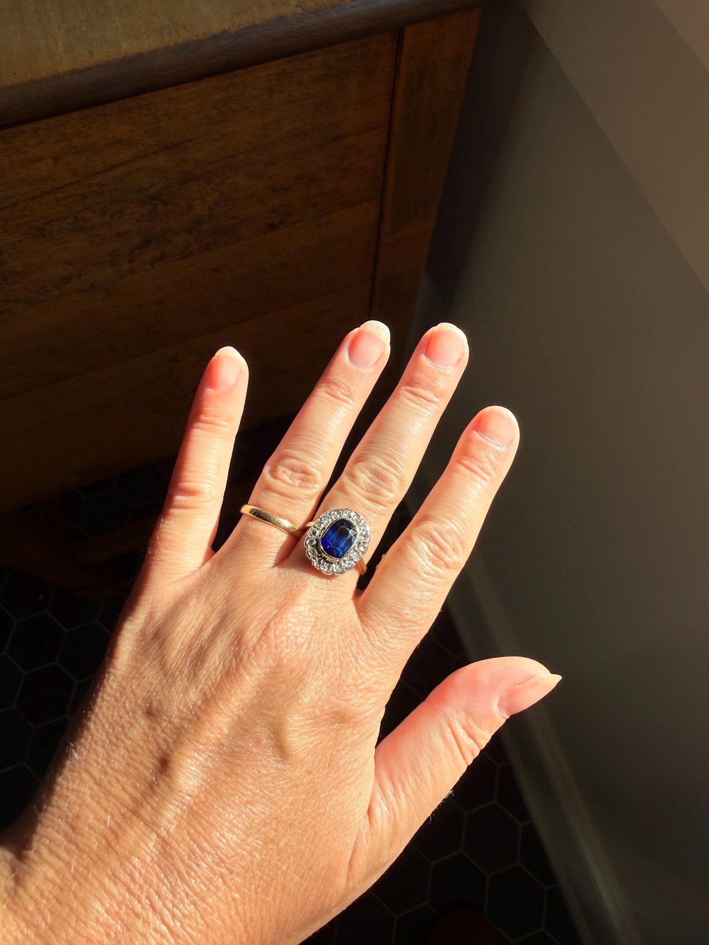 SAPPHIRE Rose Cut Diamond Halo French Antique Ring 18k Gold Silver Belle Epoque Ring Scalloped Blue Sparkle Edwardian early 1900s