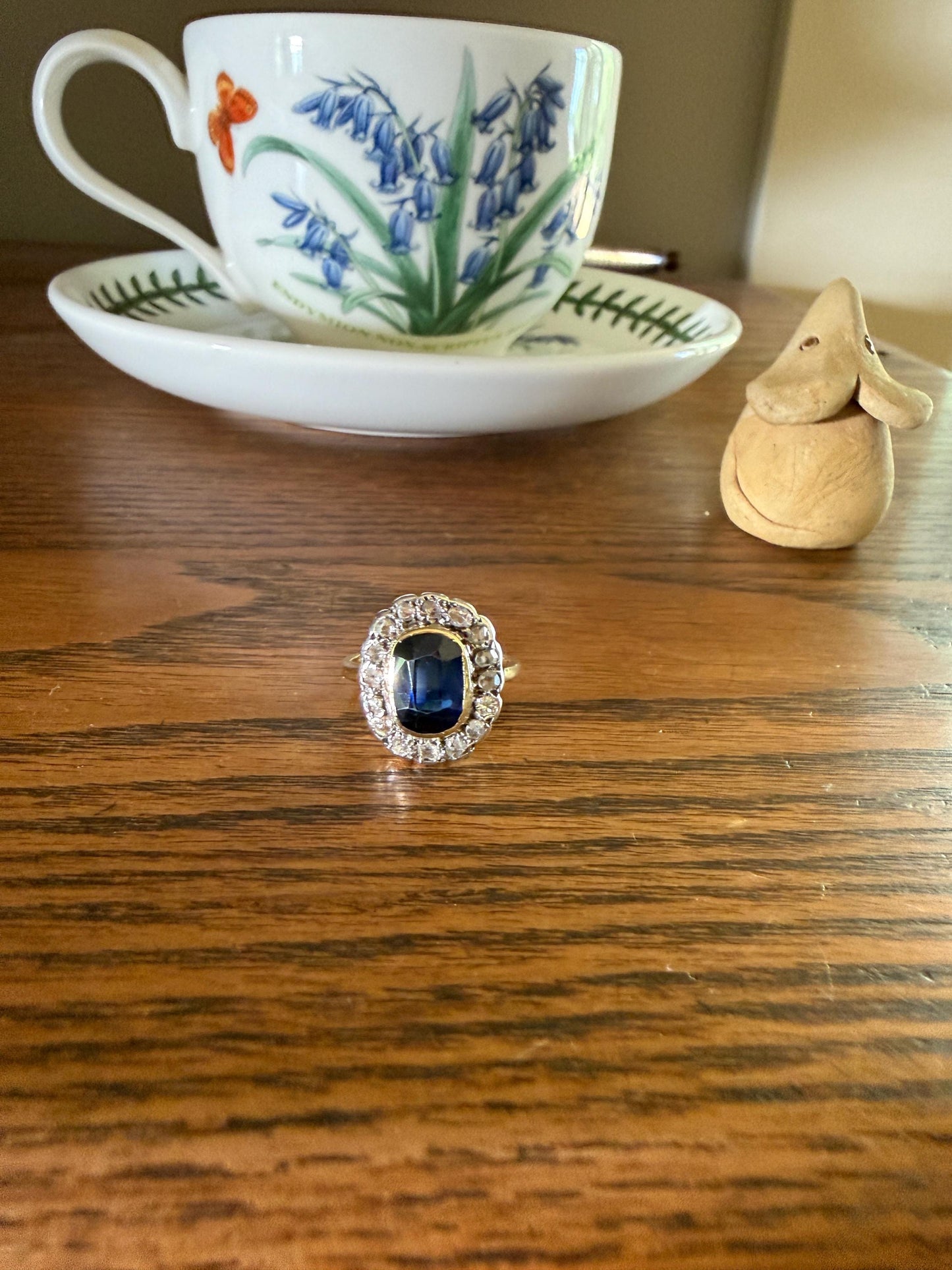 SAPPHIRE Rose Cut Diamond Halo French Antique Ring 18k Gold Silver Belle Epoque Ring Scalloped Blue Sparkle Edwardian early 1900s