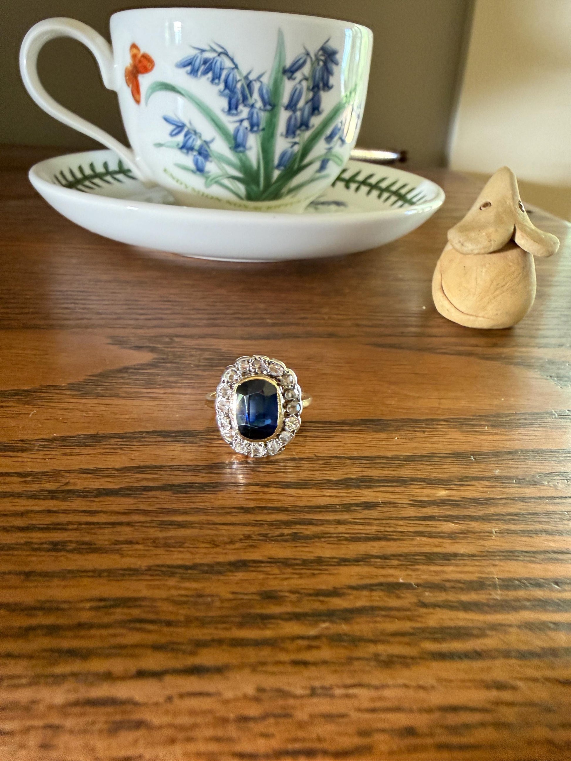 SAPPHIRE Rose Cut Diamond Halo French Antique Ring 18k Gold Silver Belle Epoque Ring Scalloped Blue Sparkle Edwardian early 1900s