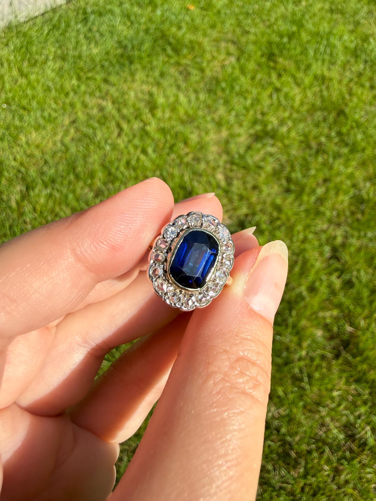 SAPPHIRE Rose Cut Diamond Halo French Antique Ring 18k Gold Silver Belle Epoque Ring Scalloped Blue Sparkle Edwardian early 1900s