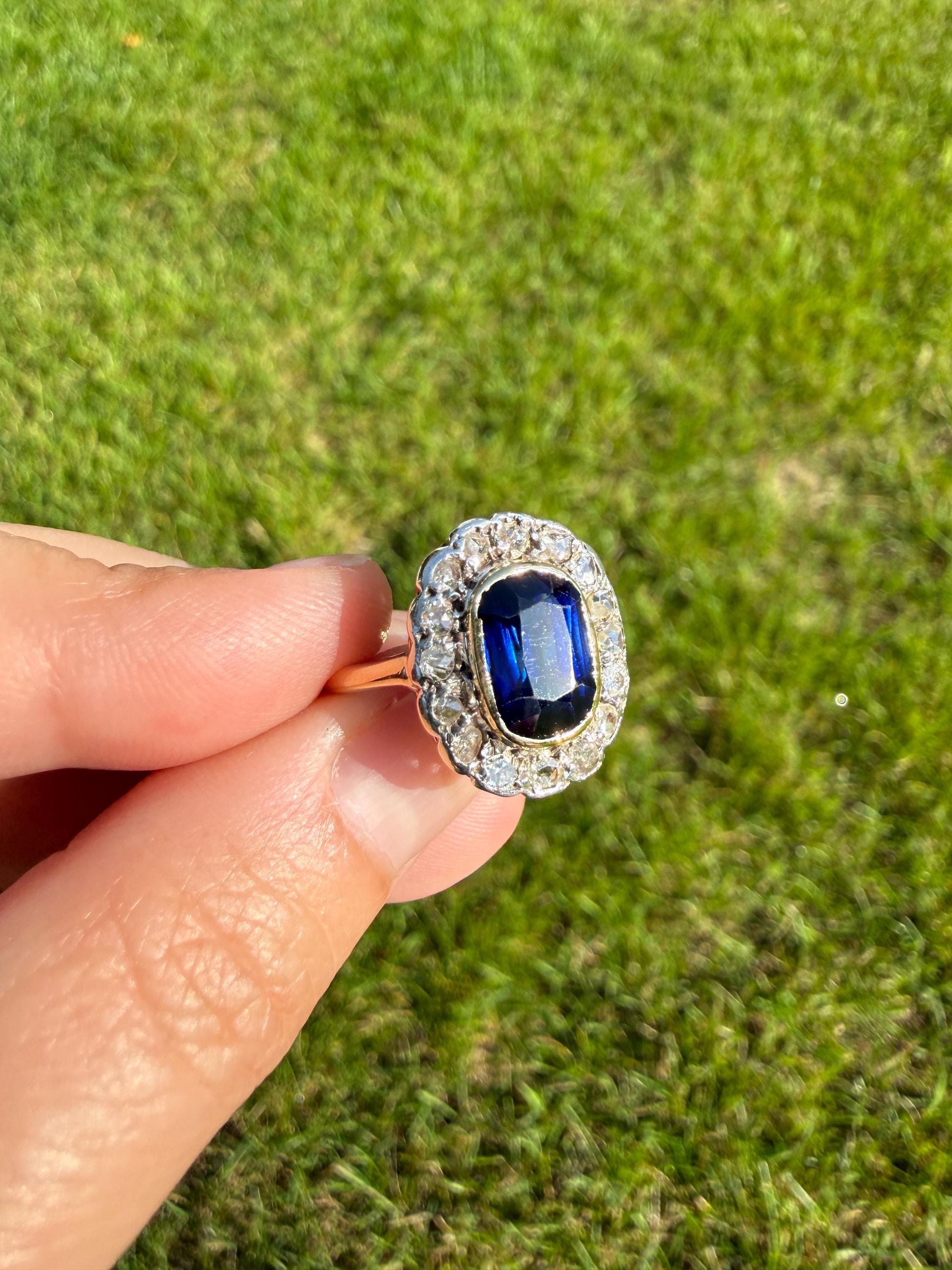 SAPPHIRE Rose Cut Diamond Halo French Antique Ring 18k Gold Silver Belle Epoque Ring Scalloped Blue Sparkle Edwardian early 1900s