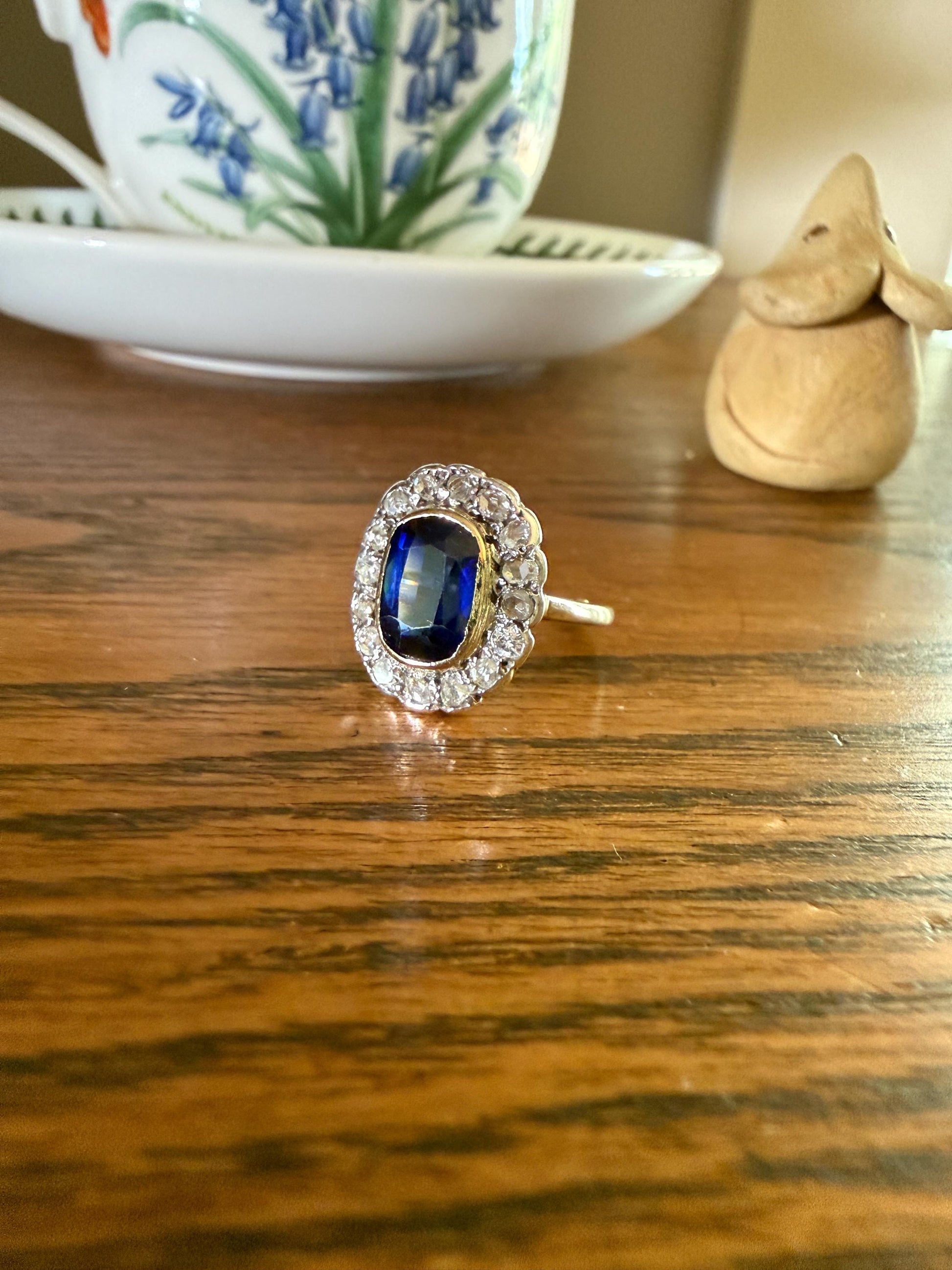 SAPPHIRE Rose Cut Diamond Halo French Antique Ring 18k Gold Silver Belle Epoque Ring Scalloped Blue Sparkle Edwardian early 1900s