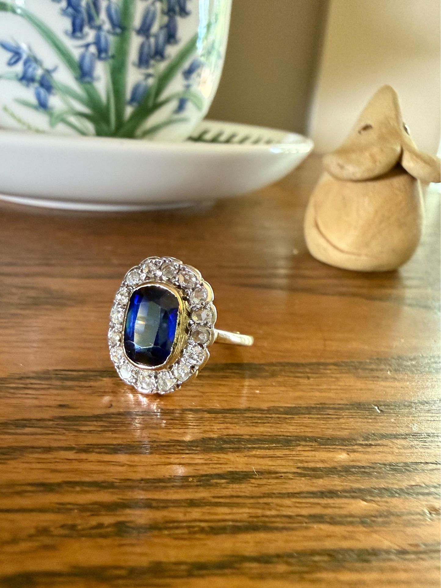SAPPHIRE Rose Cut Diamond Halo French Antique Ring 18k Gold Silver Belle Epoque Ring Scalloped Blue Sparkle Edwardian early 1900s