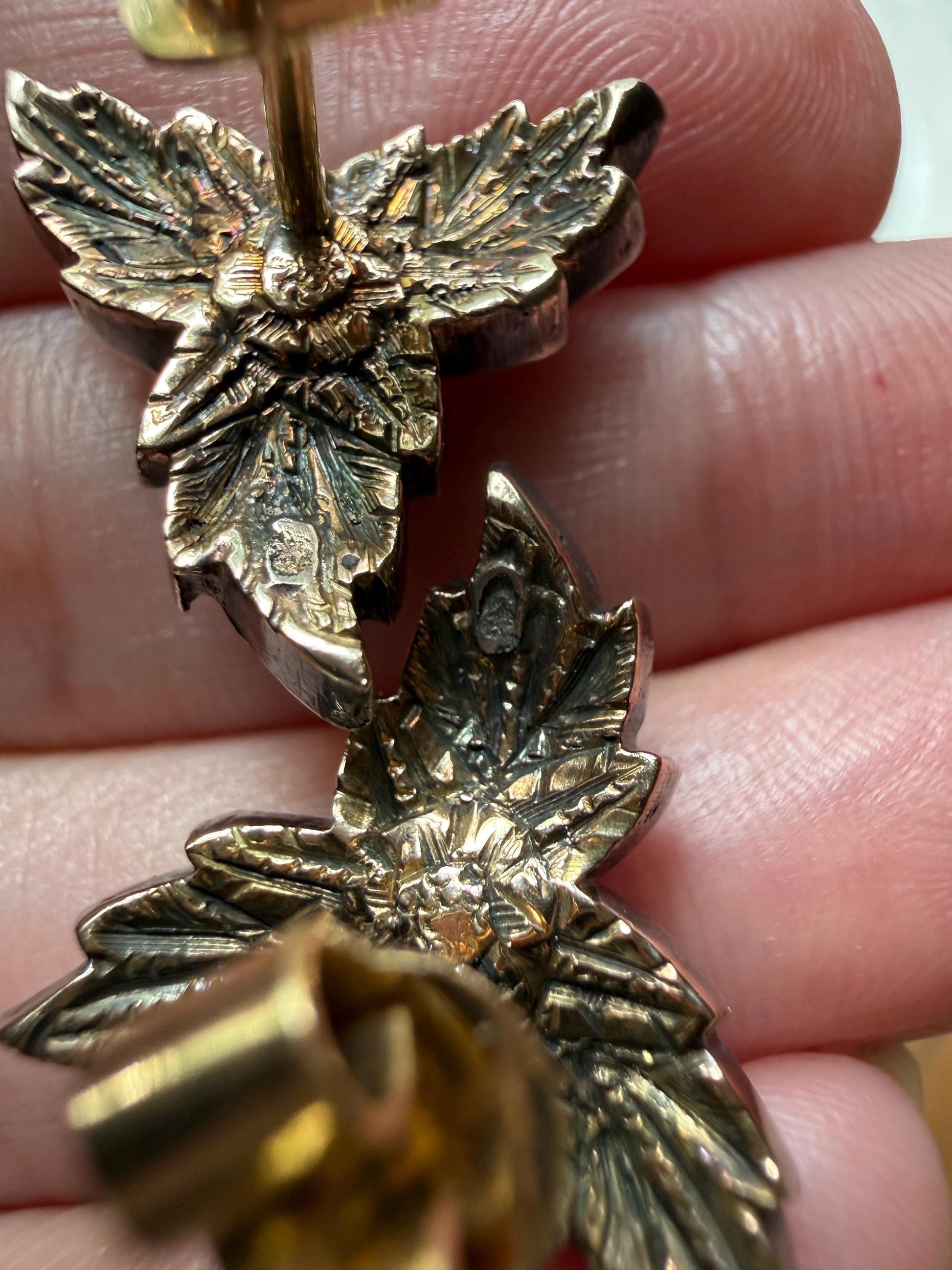 LEAF Georgian ANTIQUE Figural STUD Earrings Rose Cut Diamonds 18k Gold Silver Top Large Scale Spready Sparkle