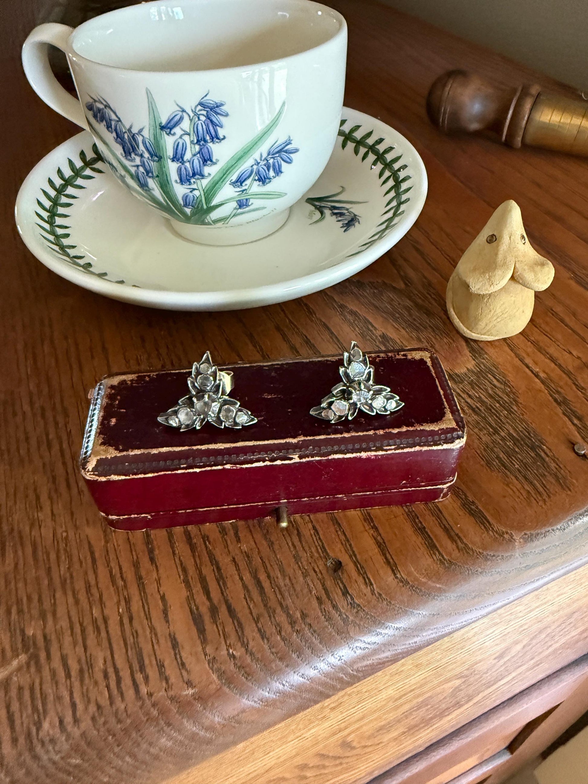 LEAF Georgian ANTIQUE Figural STUD Earrings Rose Cut Diamonds 18k Gold Silver Top Large Scale Spready Sparkle